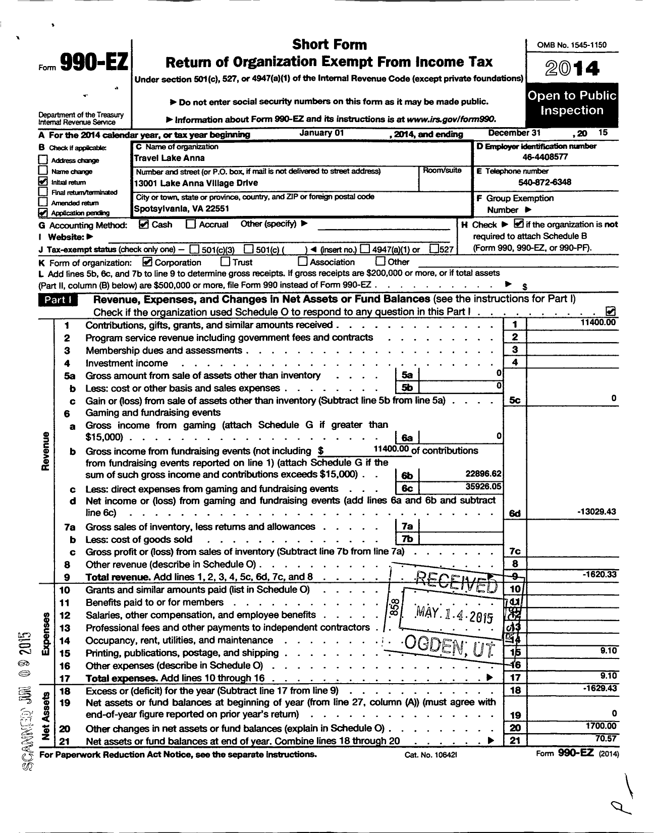 Image of first page of 2015 Form 990EO for Travel Lake Anna