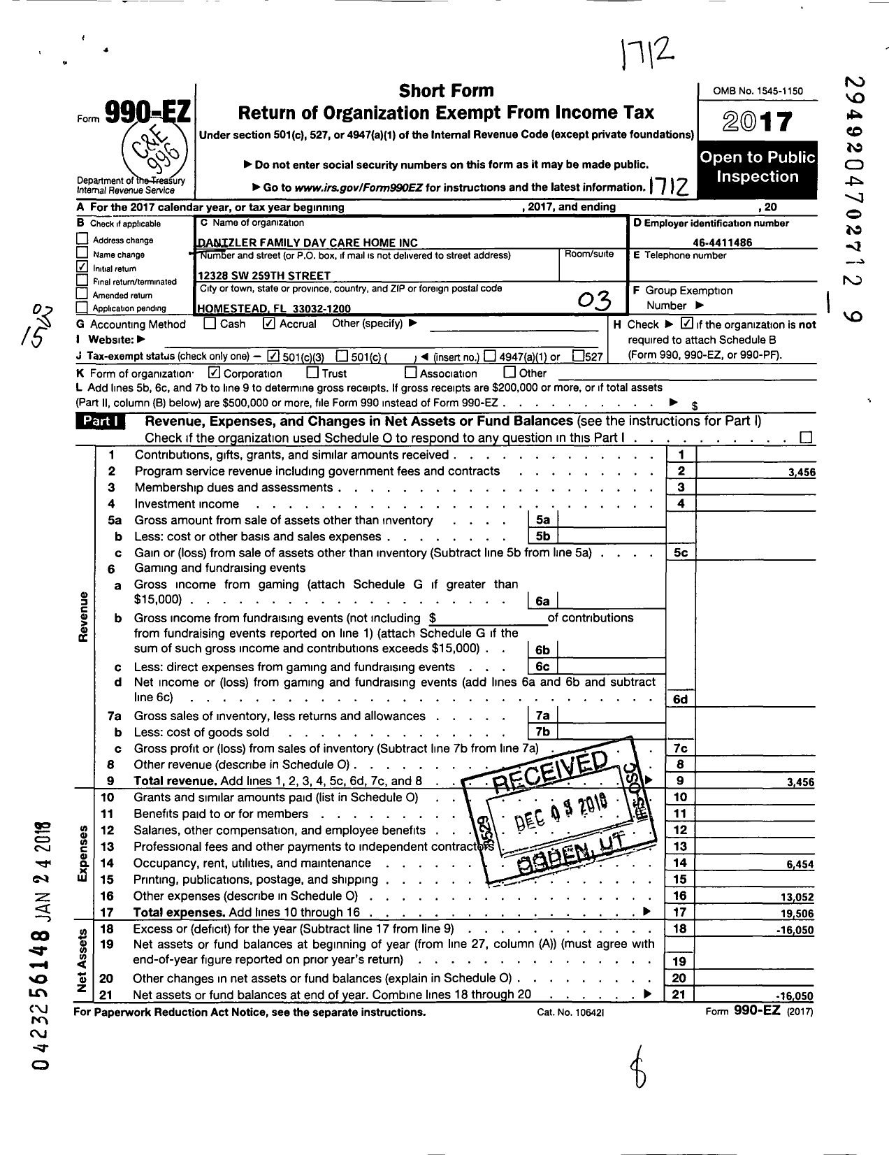 Image of first page of 2017 Form 990EZ for Dantzler Family Day Care Home