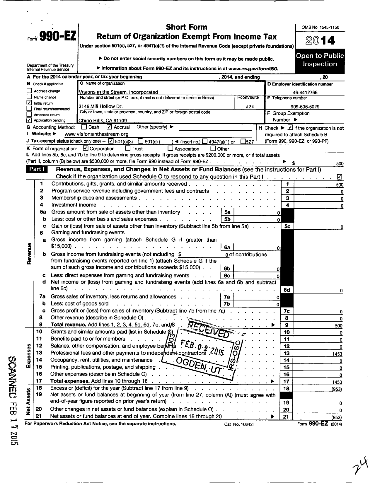 Image of first page of 2014 Form 990EZ for Visions in the Stream Incorporated