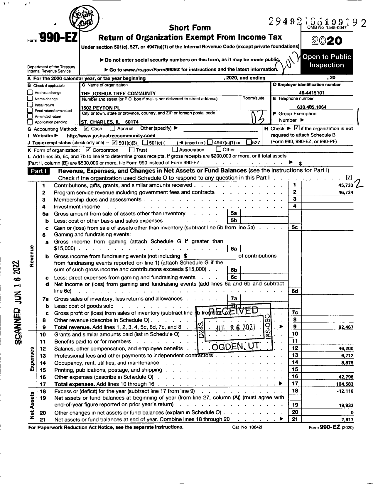 Image of first page of 2020 Form 990EZ for The Joshua Tree Community