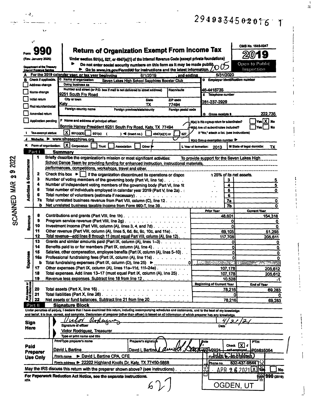 Image of first page of 2019 Form 990 for Seven Lakes High School Sapphires Booster Club