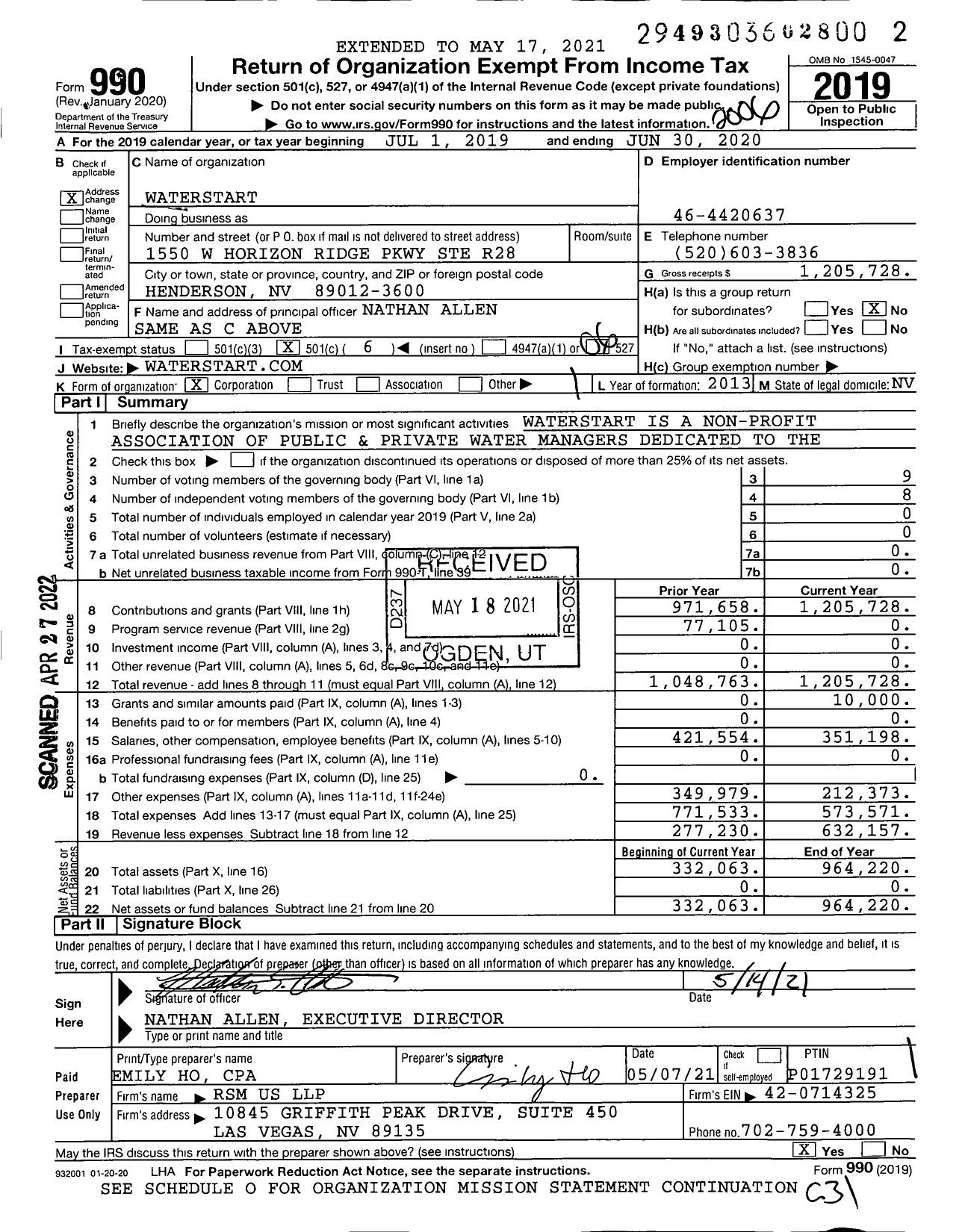 Image of first page of 2019 Form 990O for WaterStart