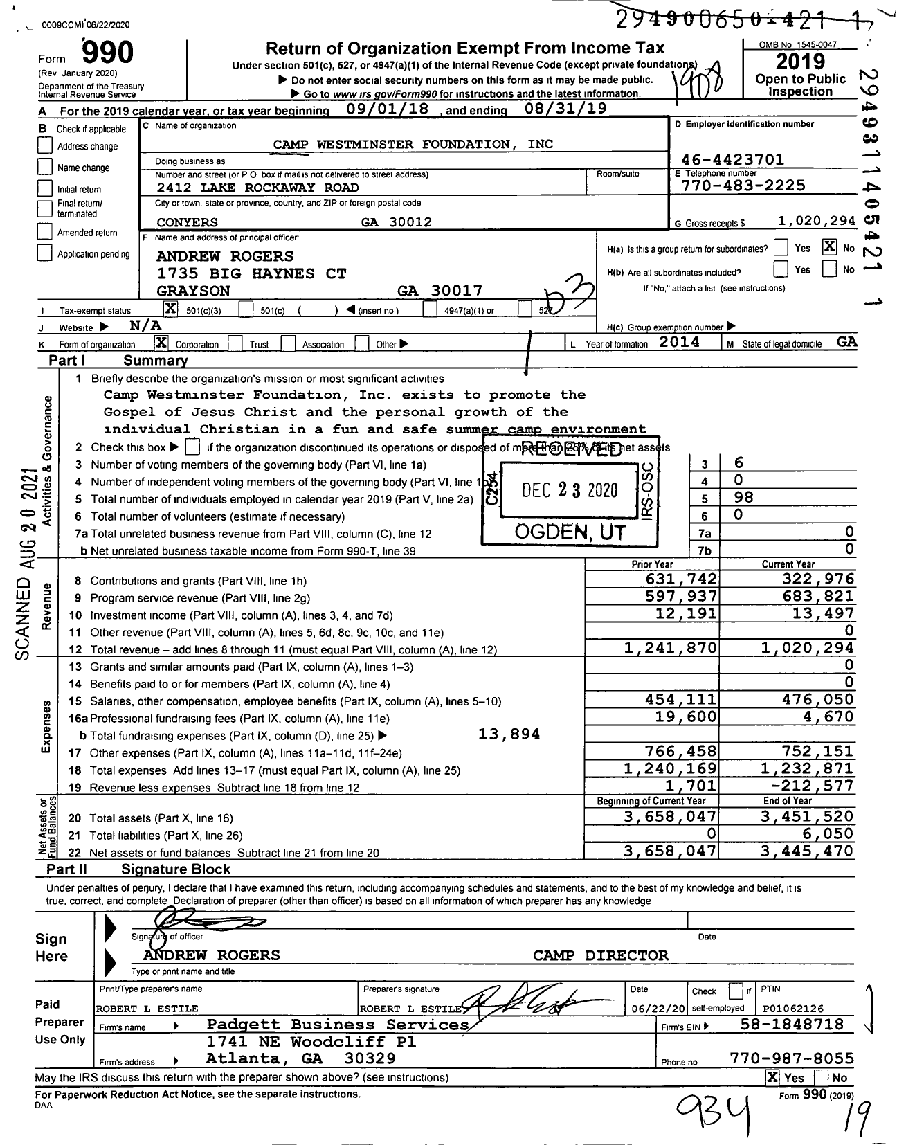 Image of first page of 2018 Form 990 for Camp Westminister Foundation