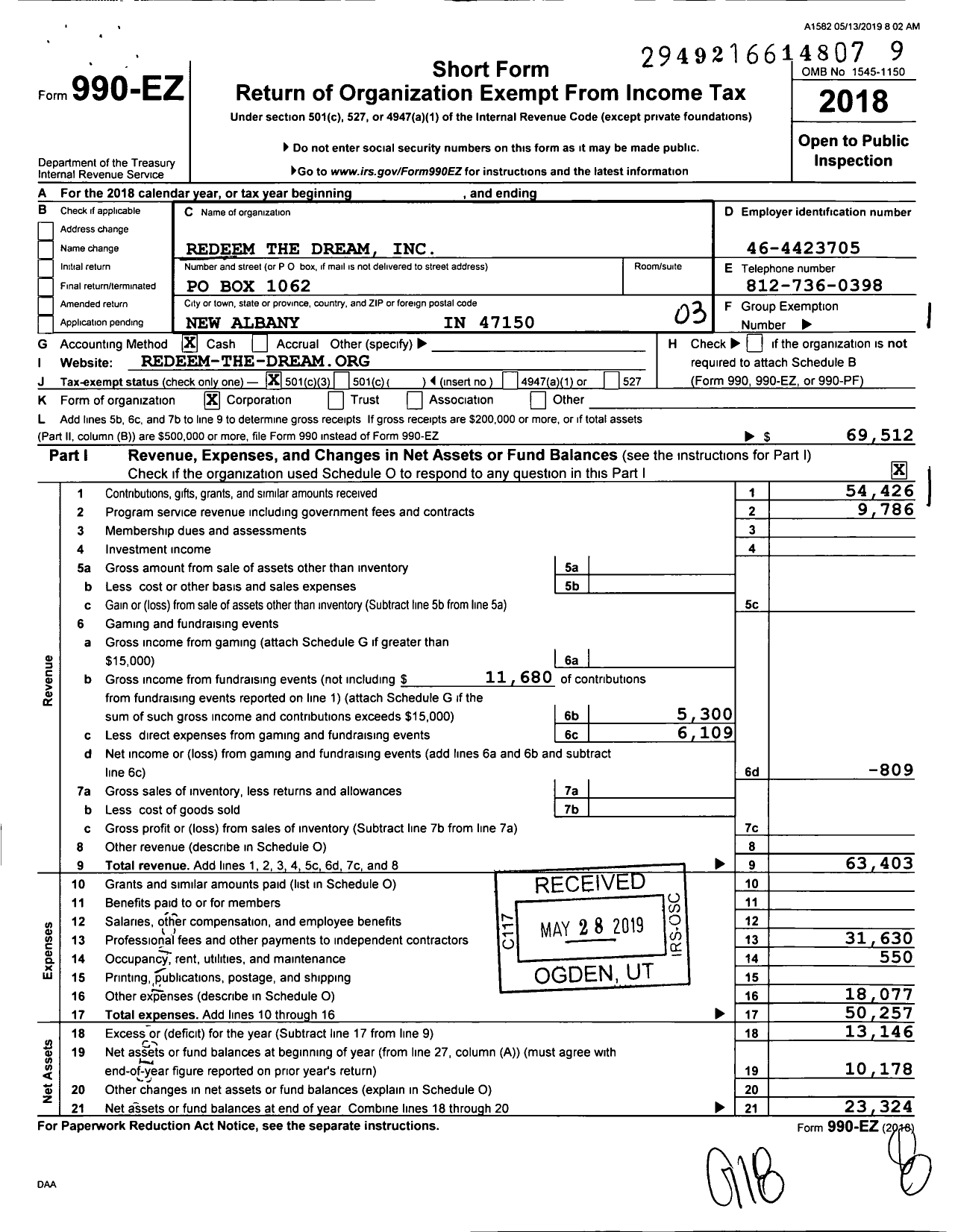 Image of first page of 2018 Form 990EZ for Redeem the Dream Incorporated