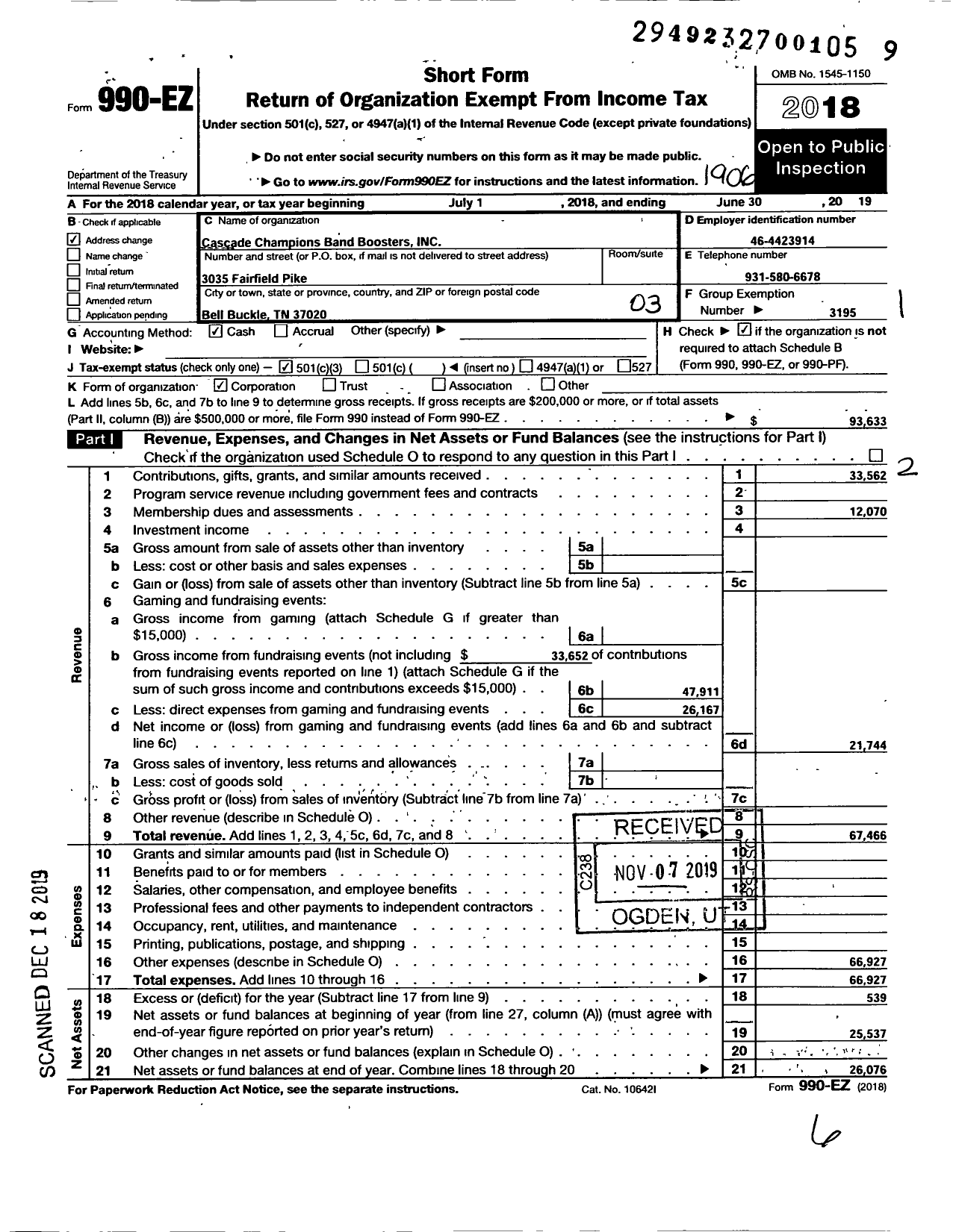 Image of first page of 2018 Form 990EZ for Cascade Champion Band Boosters