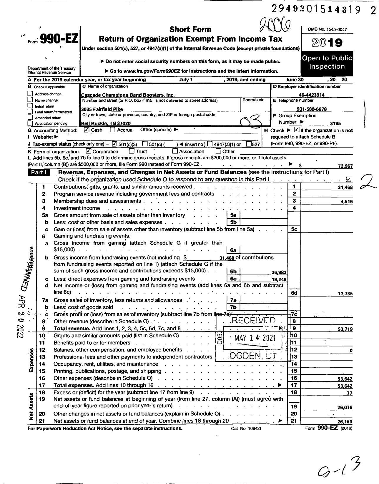 Image of first page of 2019 Form 990EZ for Cascade Champion Band Boosters