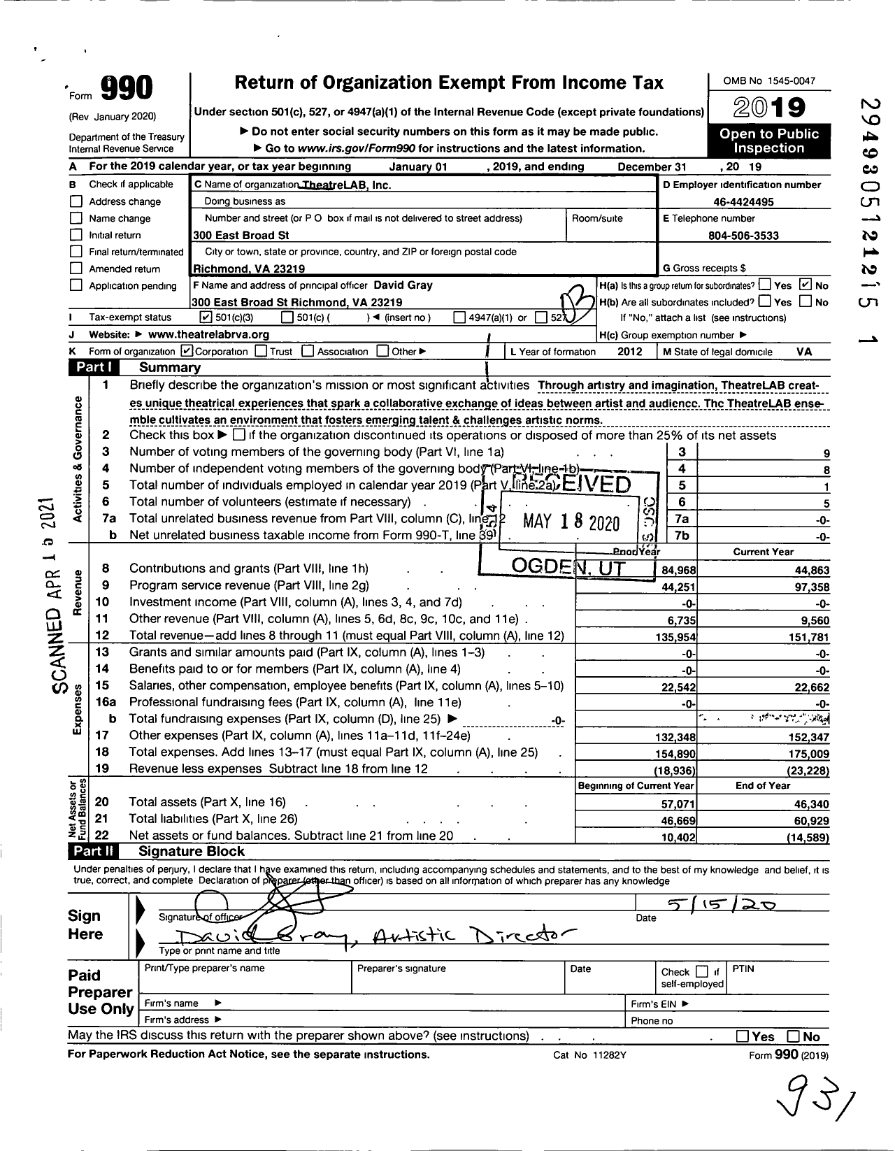 Image of first page of 2019 Form 990 for Theatrelab