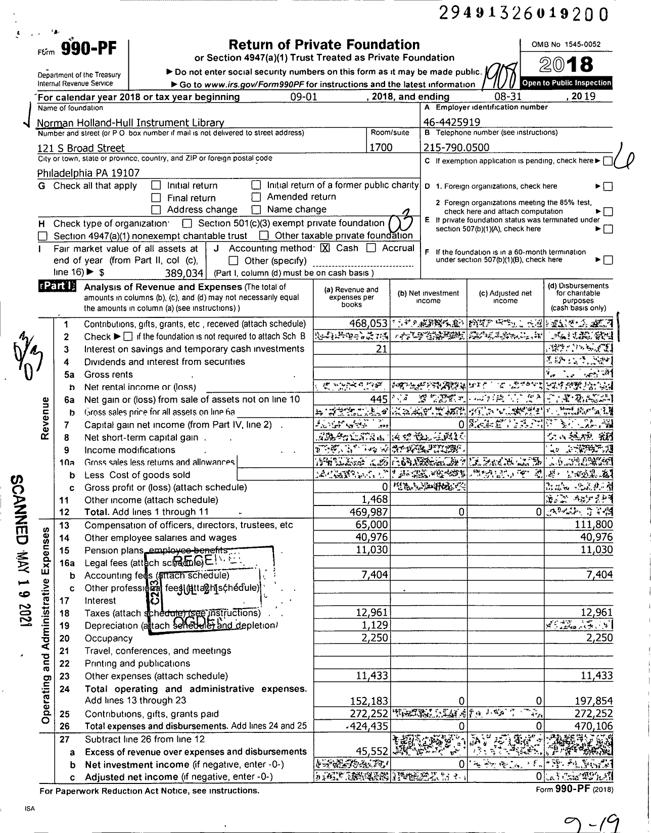 Image of first page of 2018 Form 990PF for Norman Holland-Hull Instrument Library