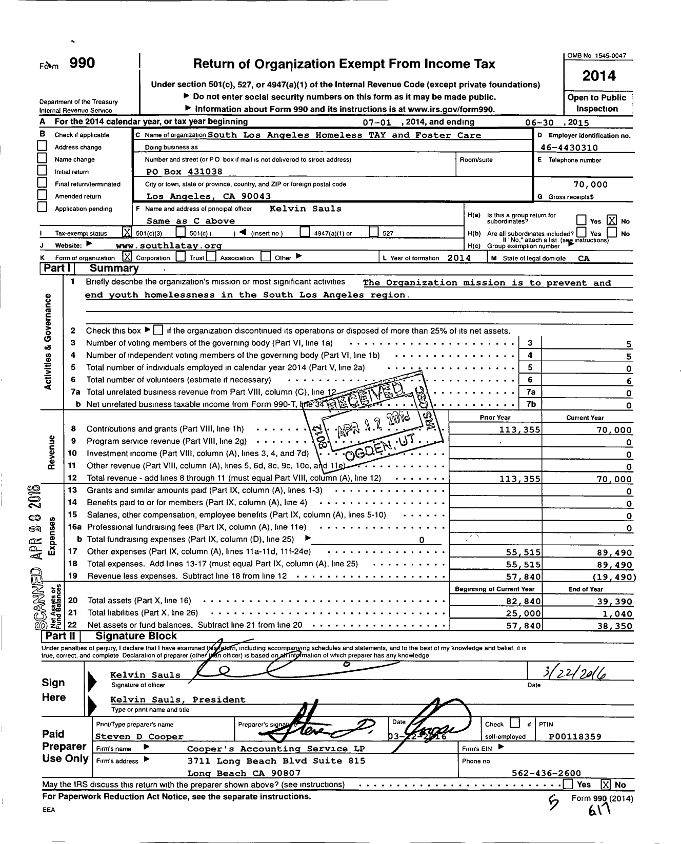 Image of first page of 2014 Form 990 for South Los Angeles Homeless TAY and Foster Care