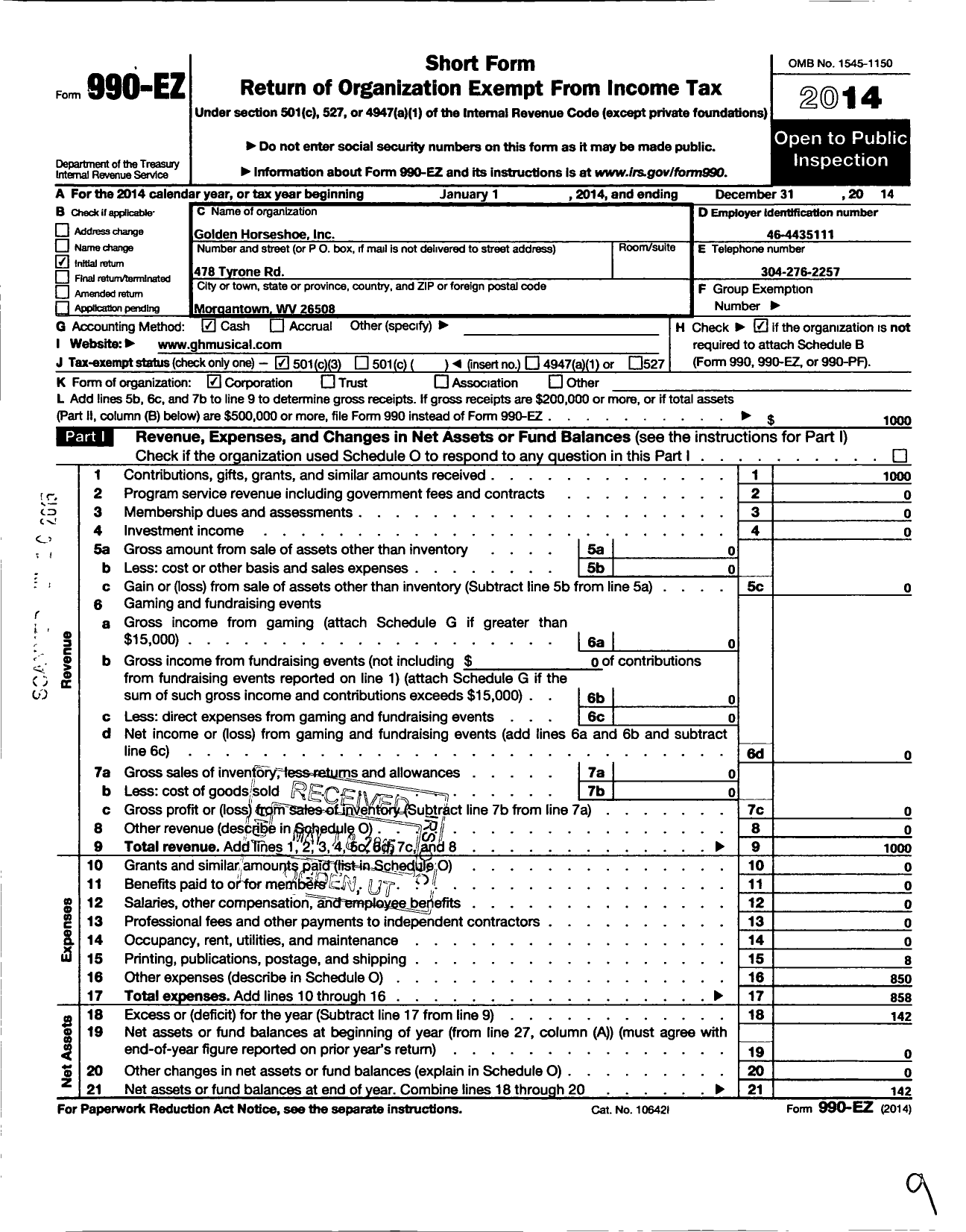 Image of first page of 2014 Form 990EZ for Golden Horseshoe