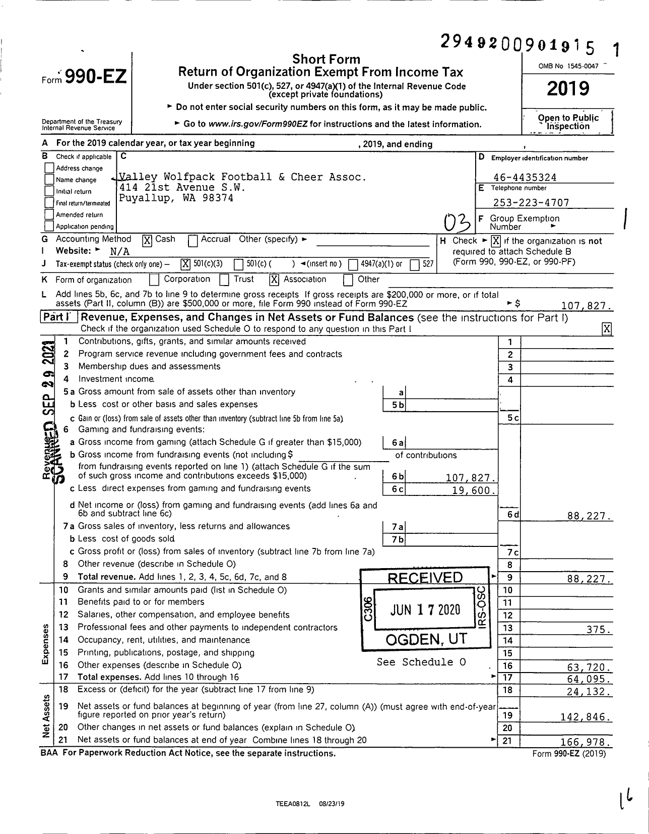 Image of first page of 2019 Form 990EZ for Valley Wolfpack Football and Cheer