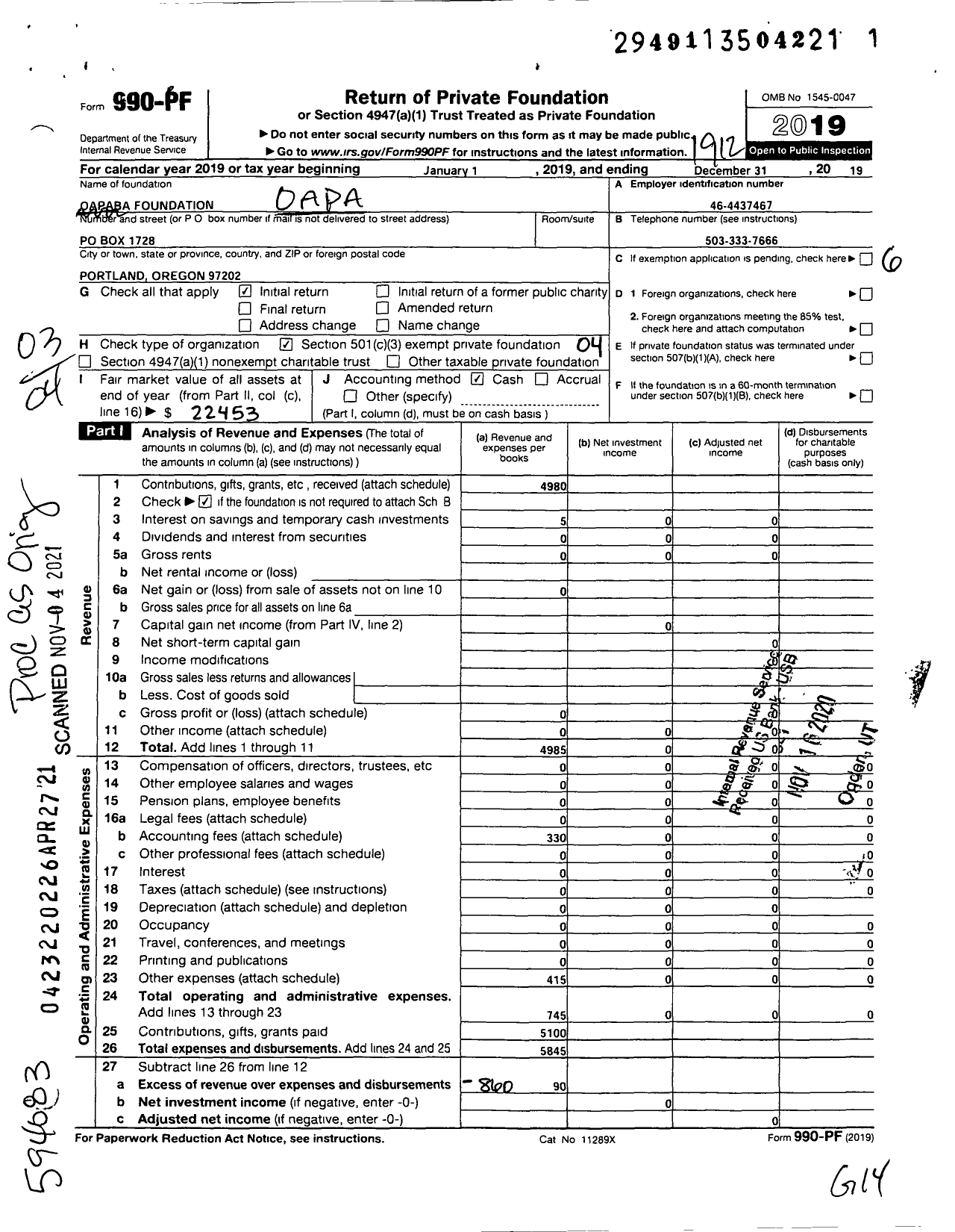 Image of first page of 2019 Form 990PF for Oapaba Foundation