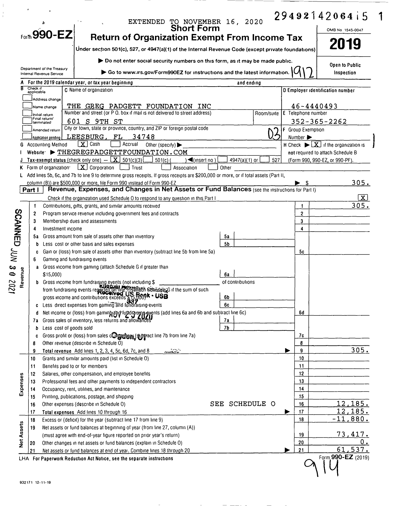 Image of first page of 2019 Form 990EZ for The Greg Padgett Foundation