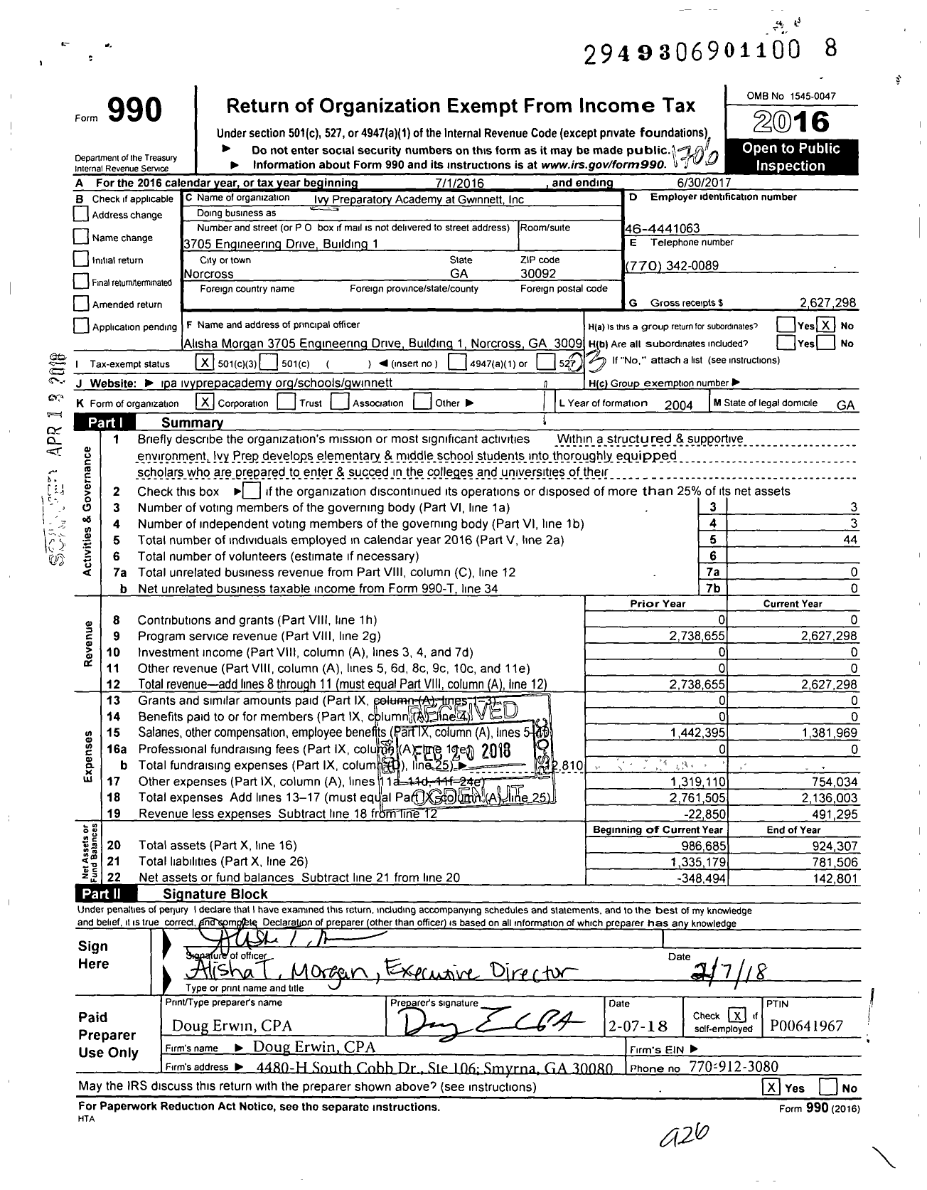 Image of first page of 2016 Form 990 for Ivy Preparatory Academy Incorporated