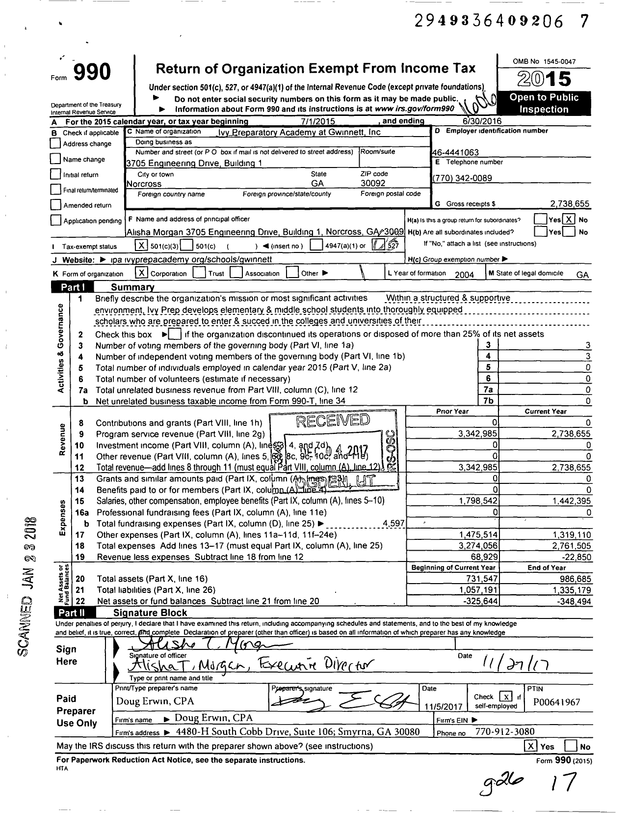 Image of first page of 2015 Form 990 for Ivy Preparatory Academy Incorporated