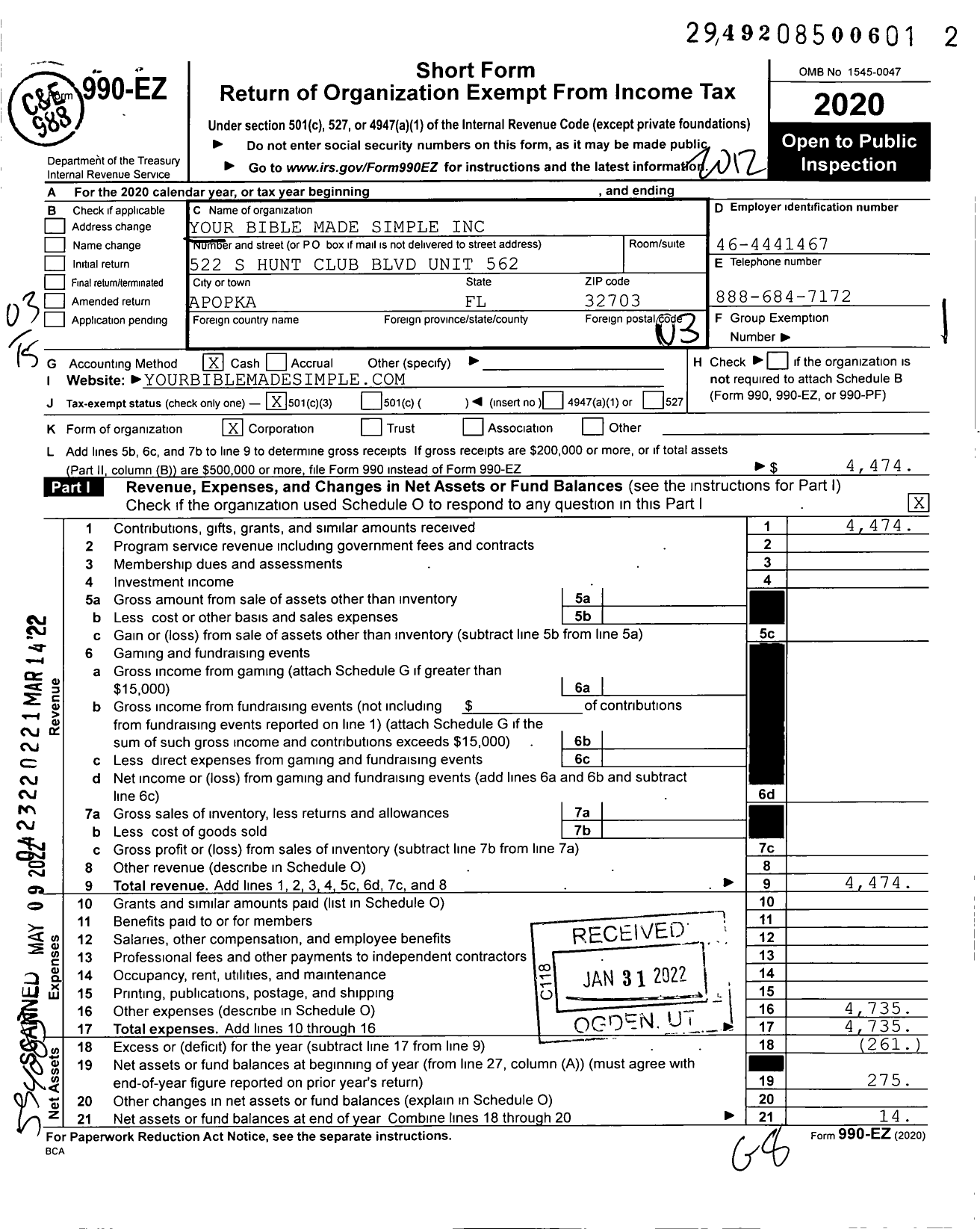 Image of first page of 2020 Form 990EZ for Your Bible Made Simple