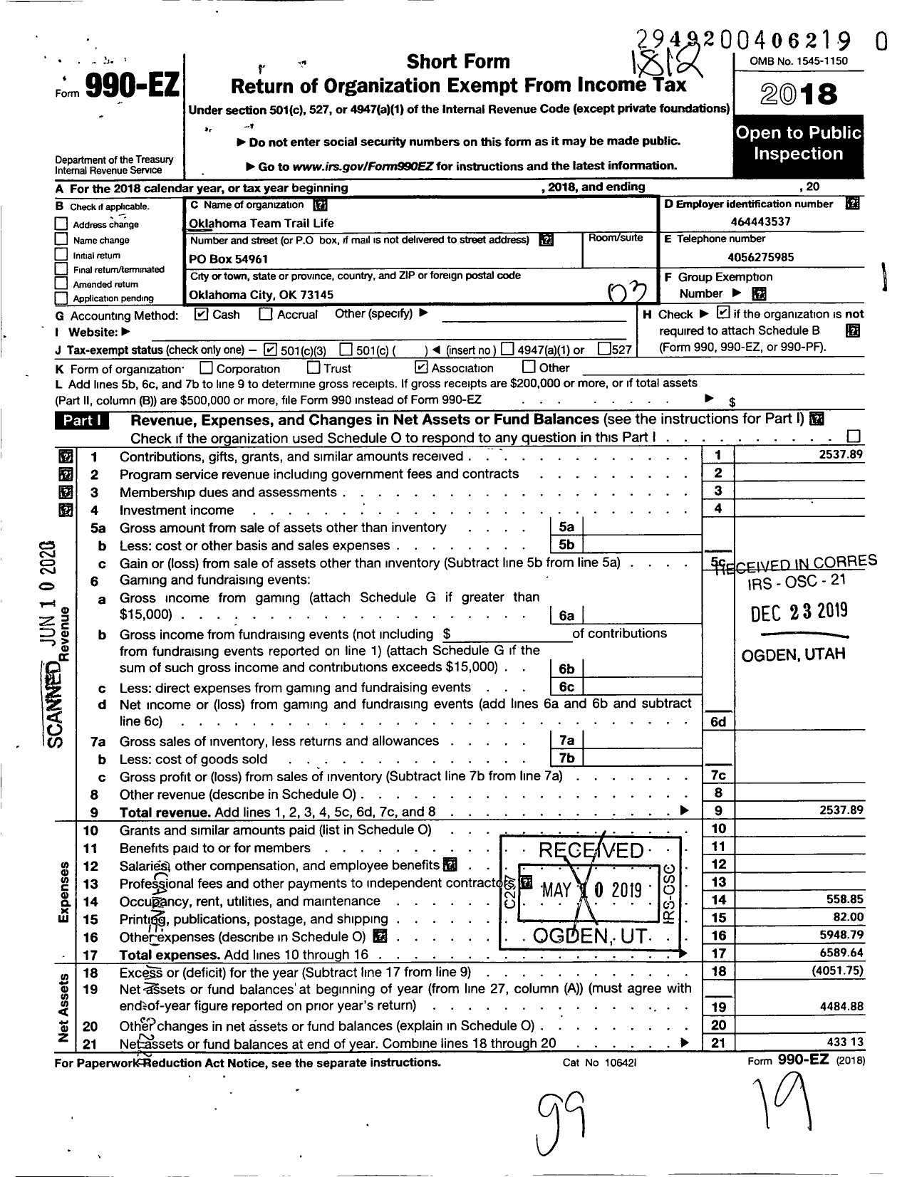 Image of first page of 2018 Form 990EZ for Oklahoma Team