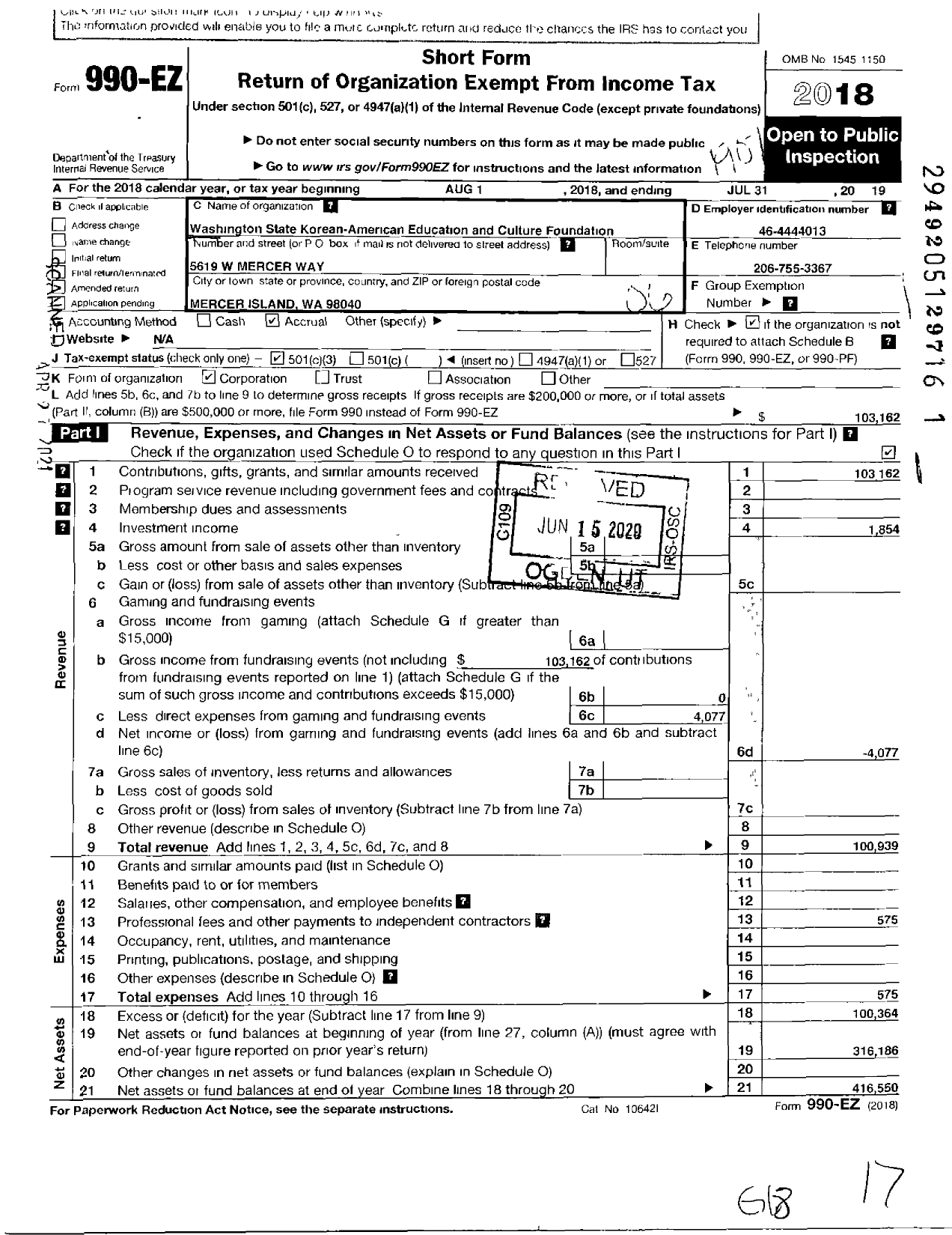 Image of first page of 2018 Form 990EO for Washington State Korean-American Education and Culture Foundation