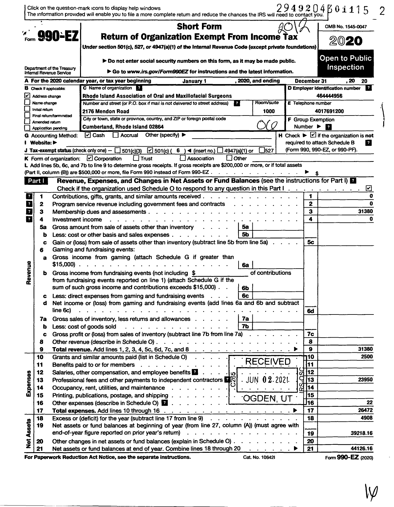 Image of first page of 2020 Form 990EO for Rhode Island Association of Oral and Maxillofacial Surgeons