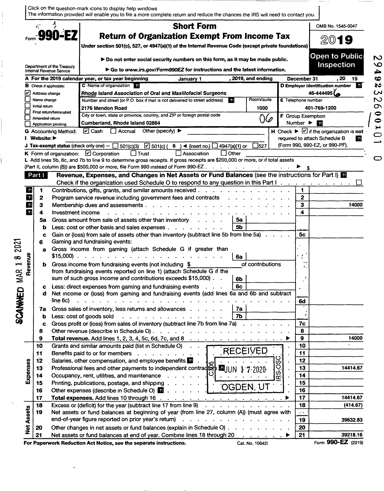 Image of first page of 2019 Form 990EO for Rhode Island Association of Oral and Maxillofacial Surgeons