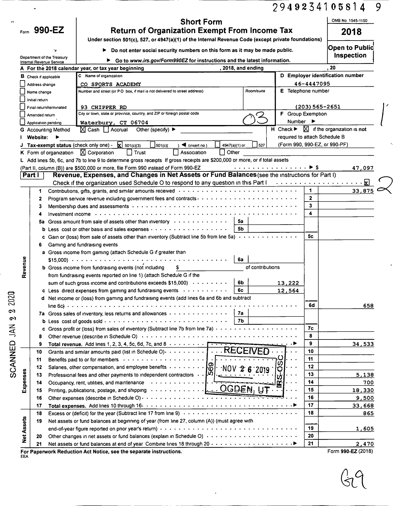 Image of first page of 2018 Form 990EZ for Co Sports Academy