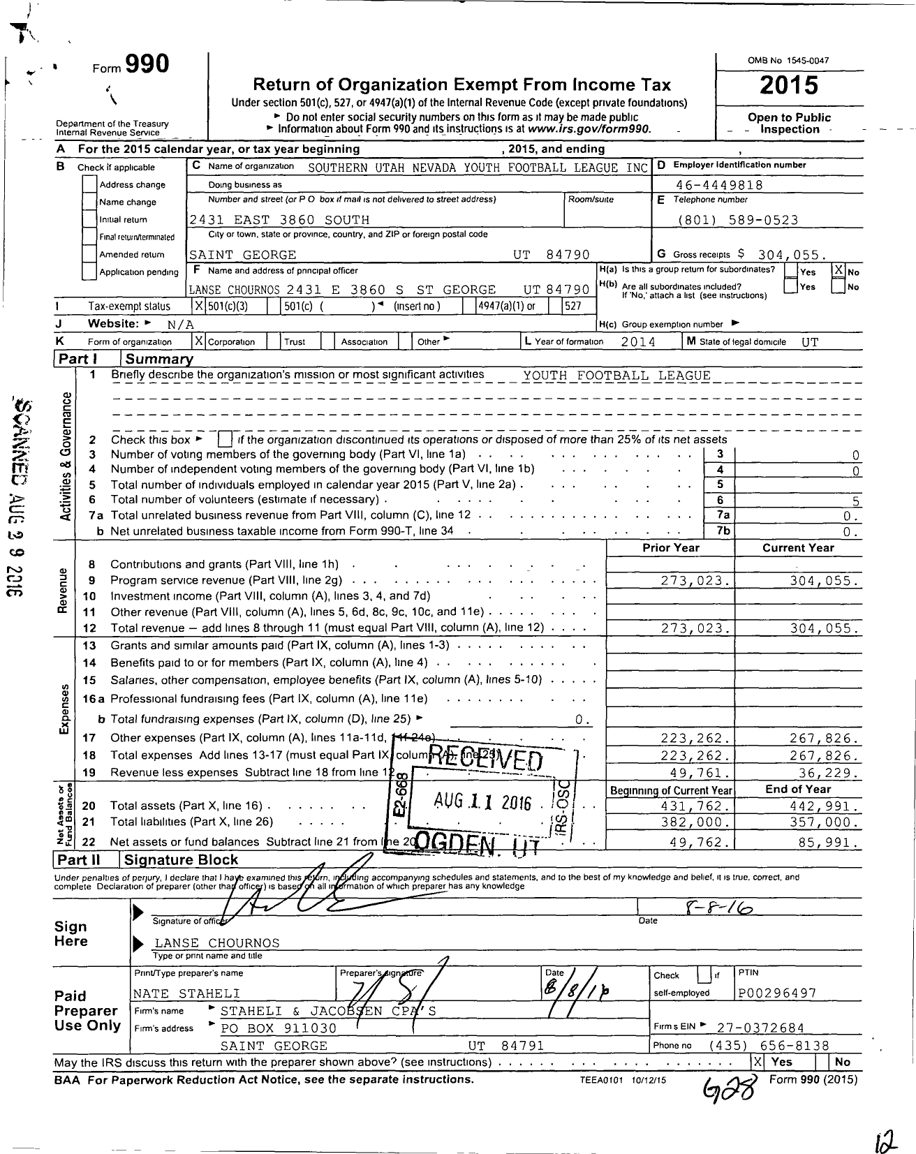 Image of first page of 2015 Form 990 for Southern Utah Nevada Youth Football League