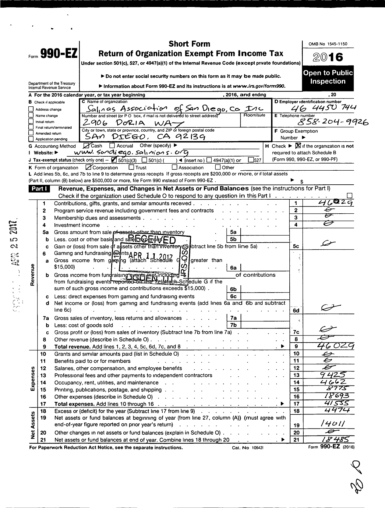 Image of first page of 2016 Form 990EZ for Salinas Association of San Diego Ca
