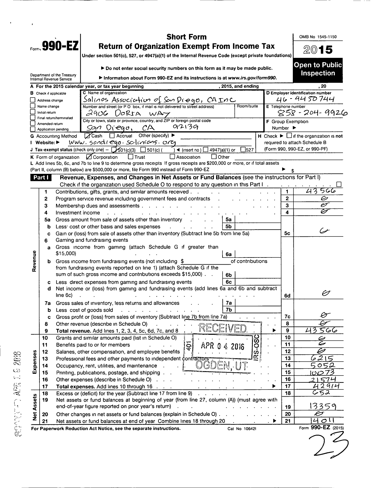 Image of first page of 2015 Form 990EZ for Salinas Association of San Diego Ca