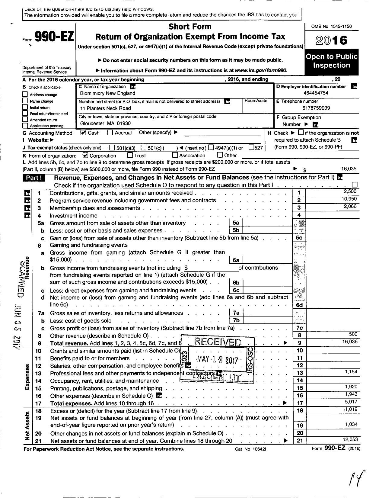 Image of first page of 2016 Form 990EO for Biomimicry New England