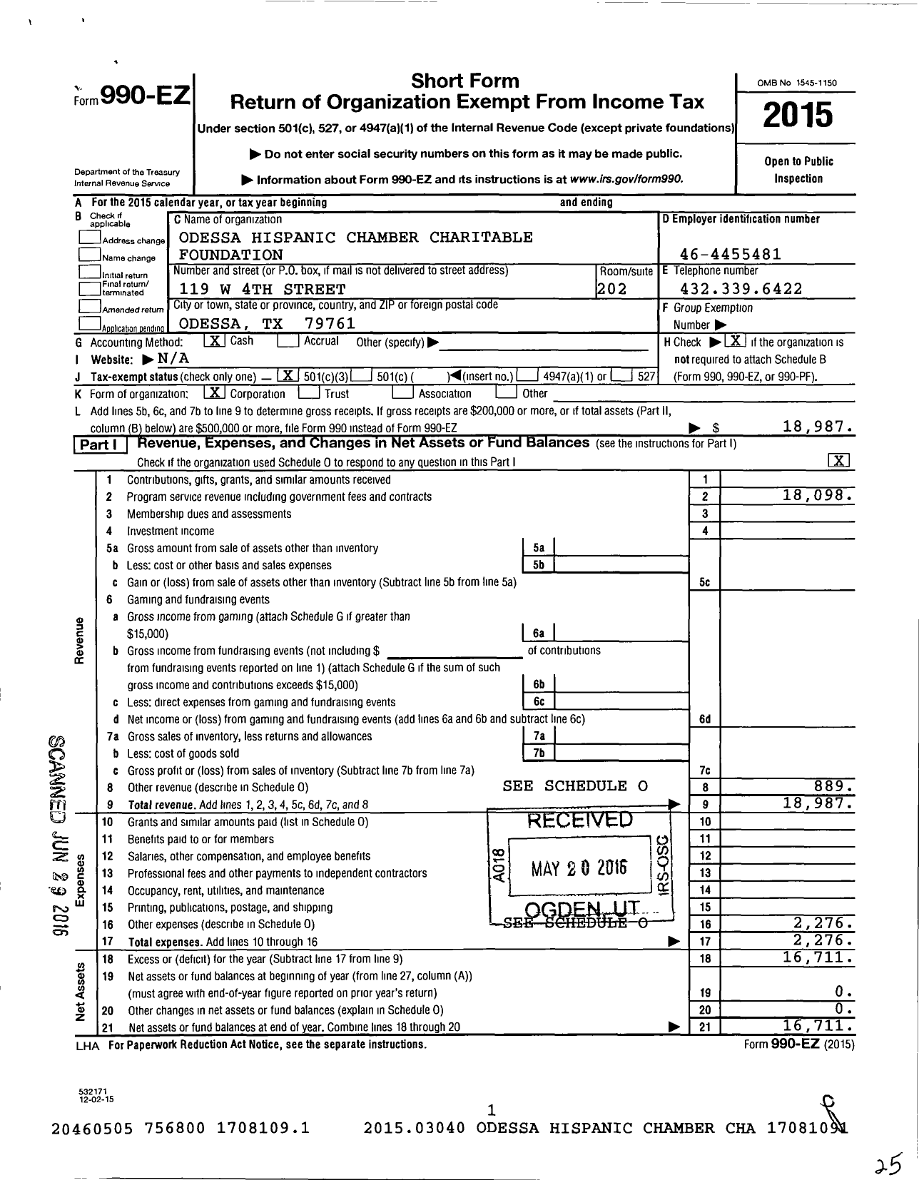 Image of first page of 2015 Form 990EZ for Odessa Hispanic Foundation