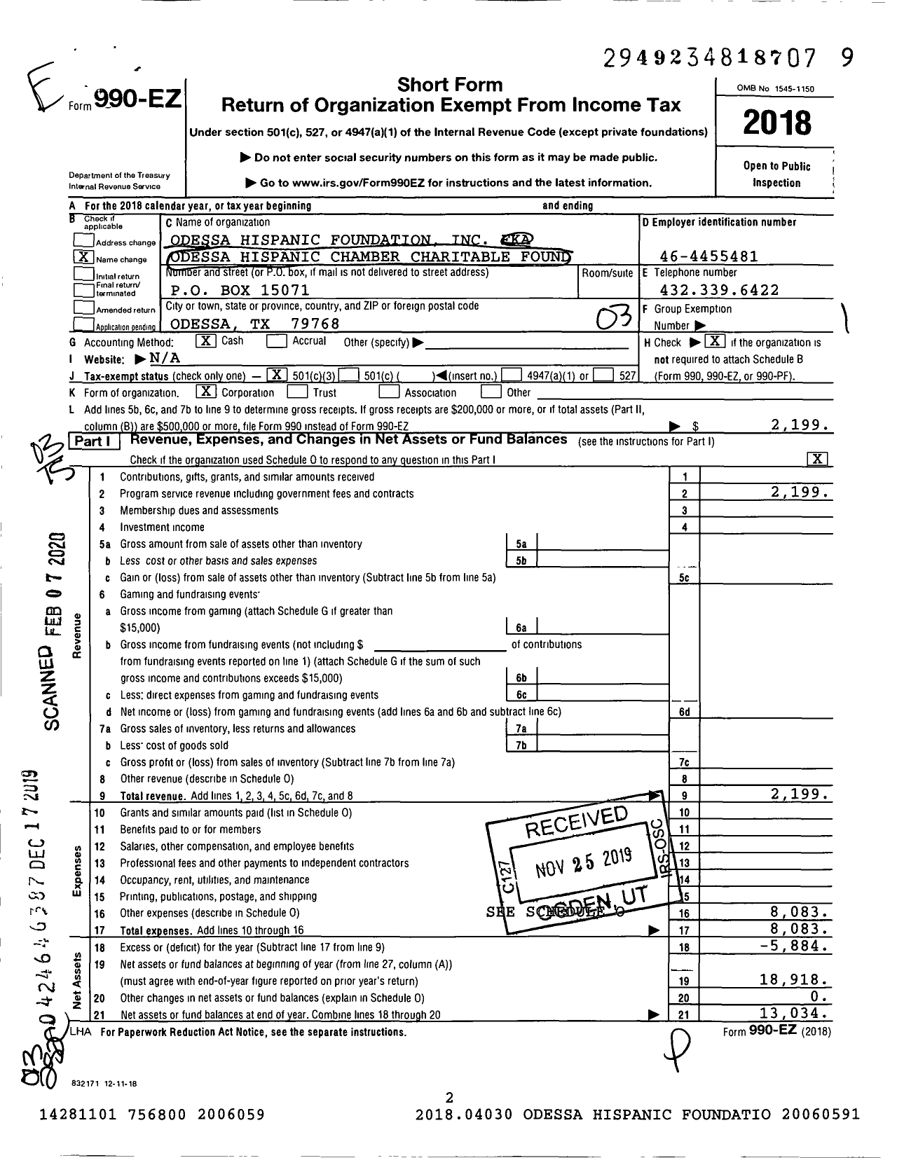 Image of first page of 2018 Form 990EZ for Odessa Hispanic Foundation