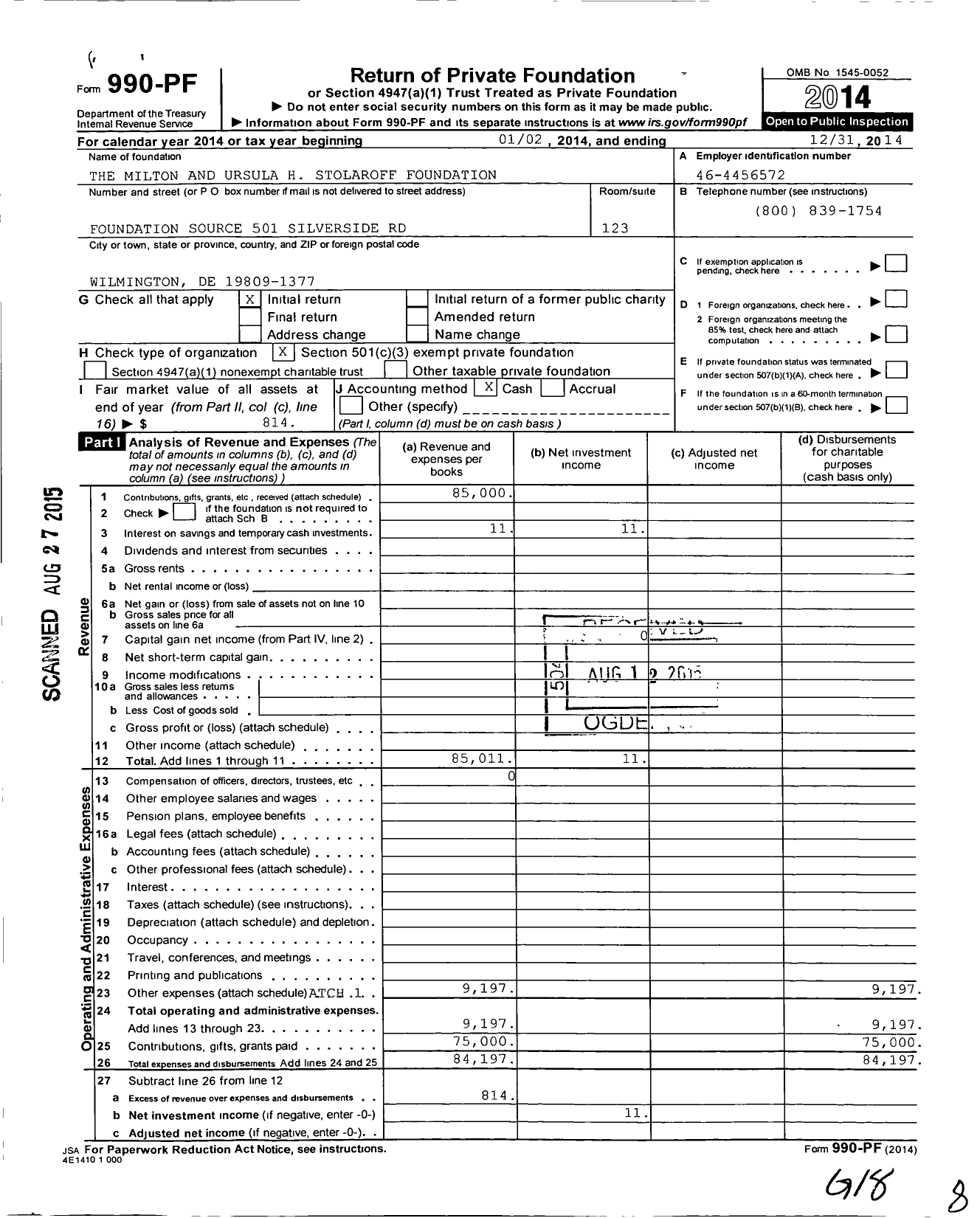 Image of first page of 2014 Form 990PF for Milton and Ursula H Stolaroff Foundation
