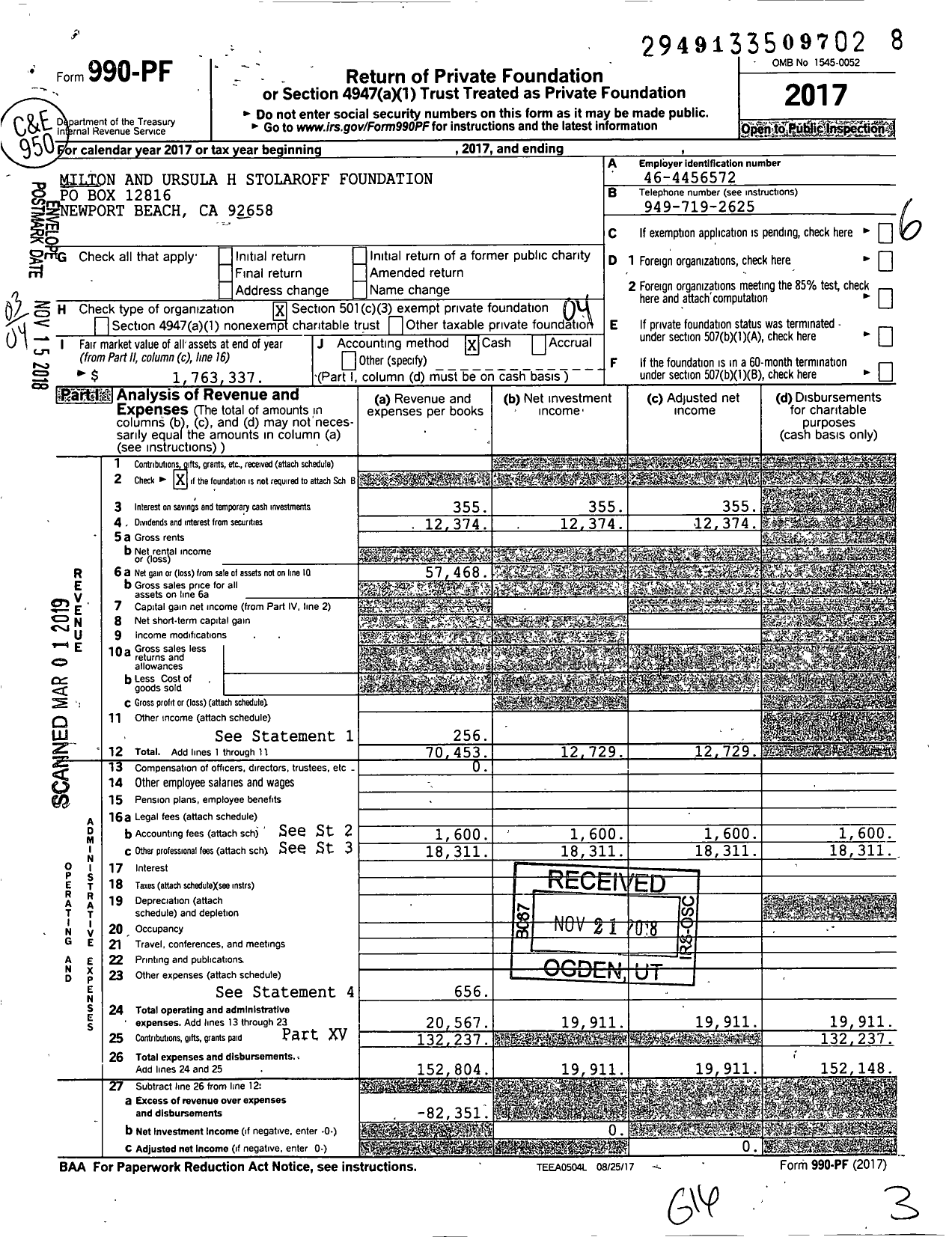 Image of first page of 2017 Form 990PF for Milton and Ursula H Stolaroff Foundation