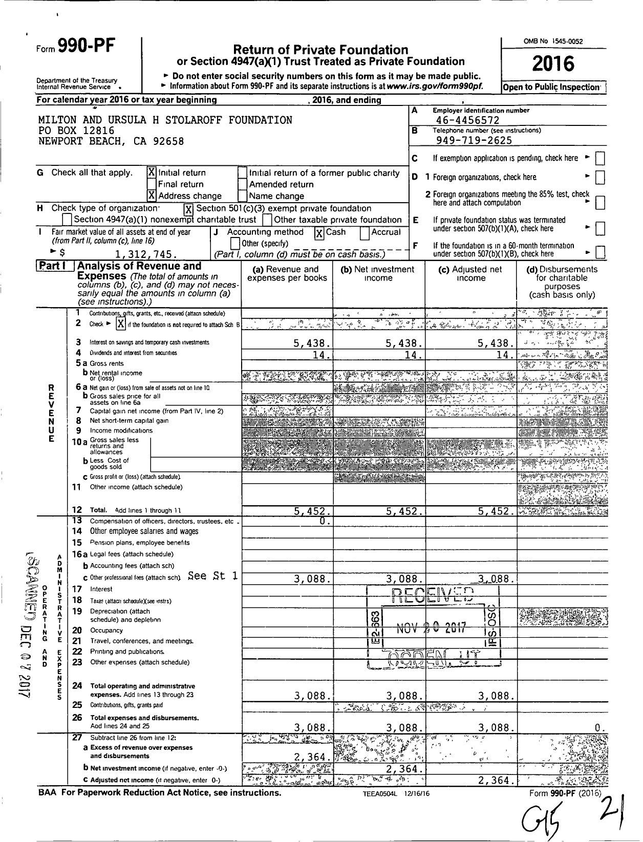 Image of first page of 2016 Form 990PF for Milton and Ursula H Stolaroff Foundation