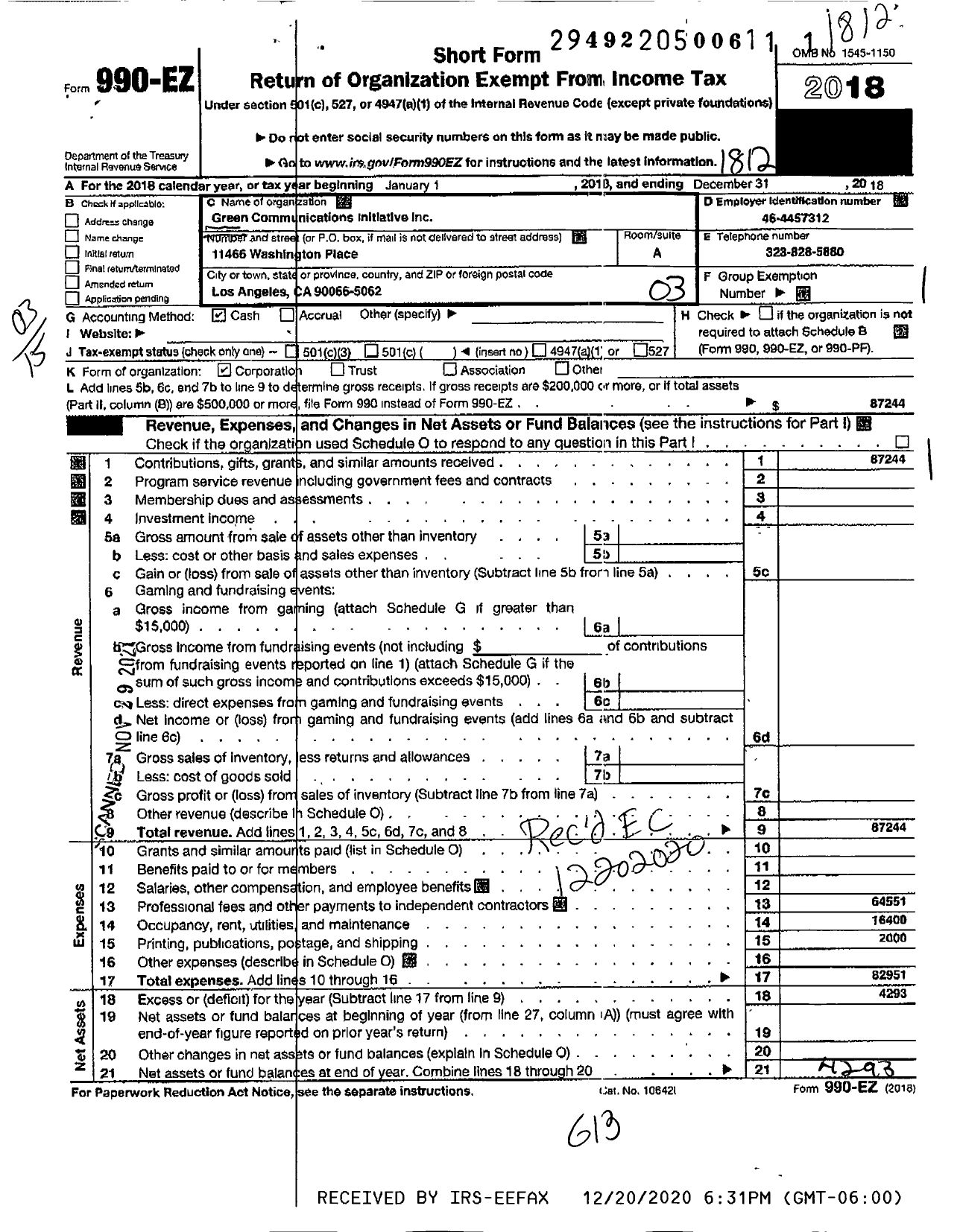 Image of first page of 2018 Form 990EZ for Transformation Arts