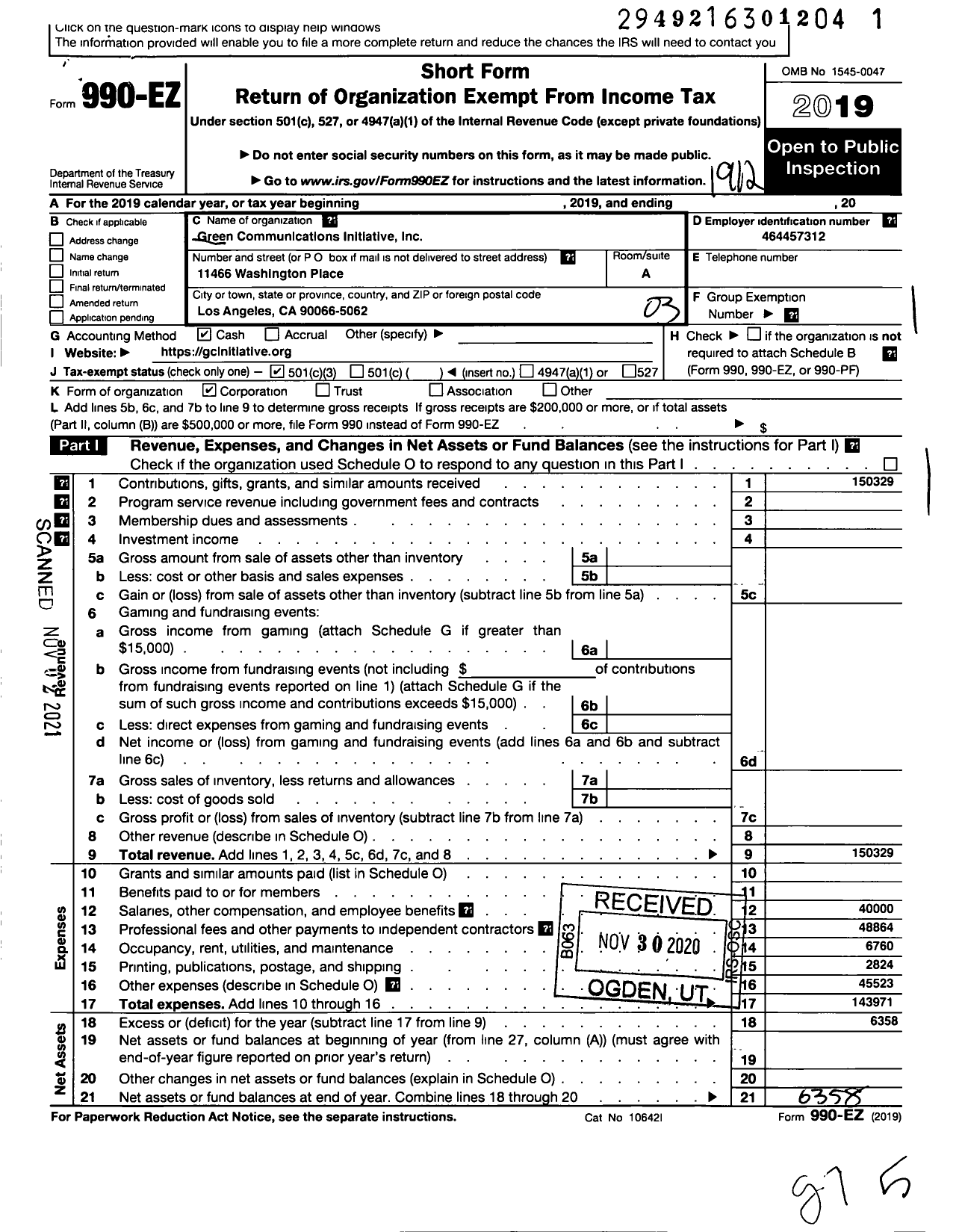 Image of first page of 2019 Form 990EZ for Transformation Arts