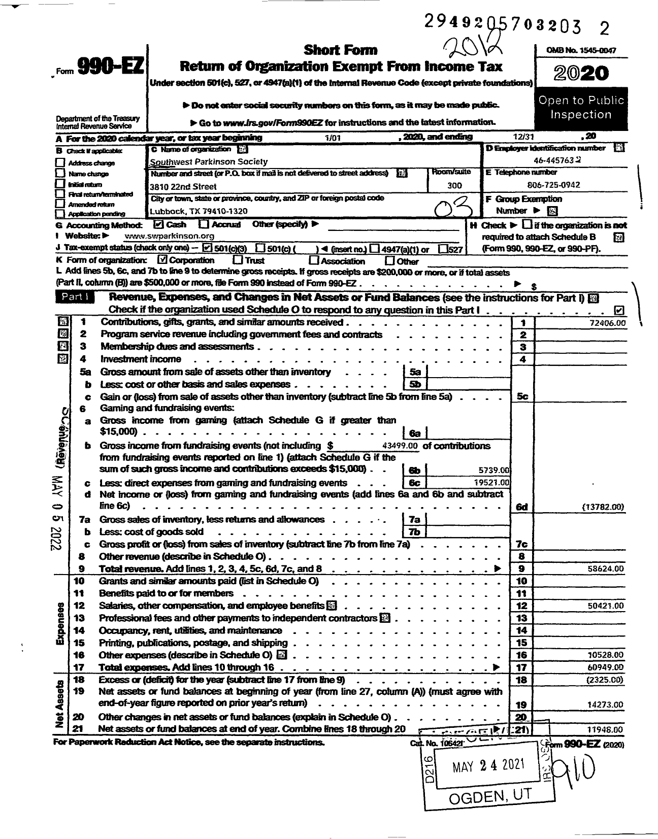 Image of first page of 2020 Form 990EZ for Southwest Parkinson Society