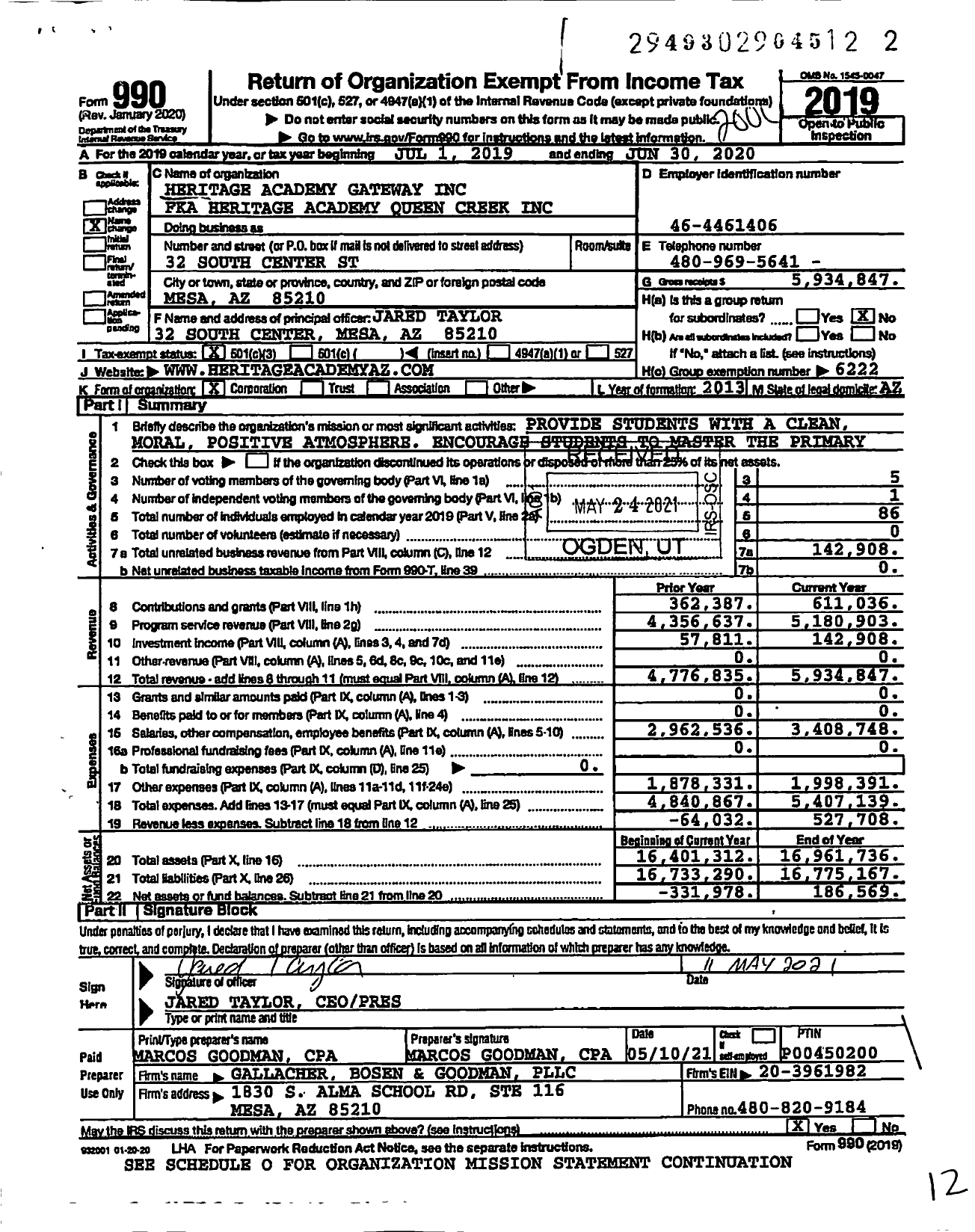 Image of first page of 2019 Form 990 for Heritage Academy Gateway