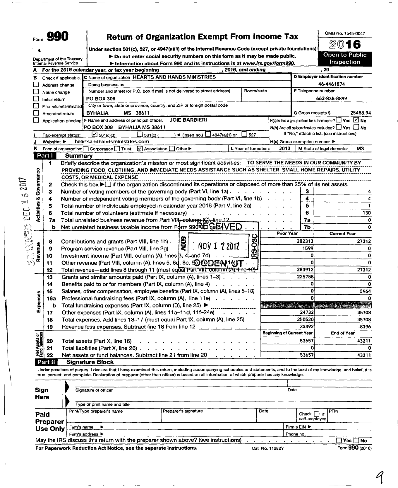 Image of first page of 2016 Form 990 for Hearts and Hands Ministries