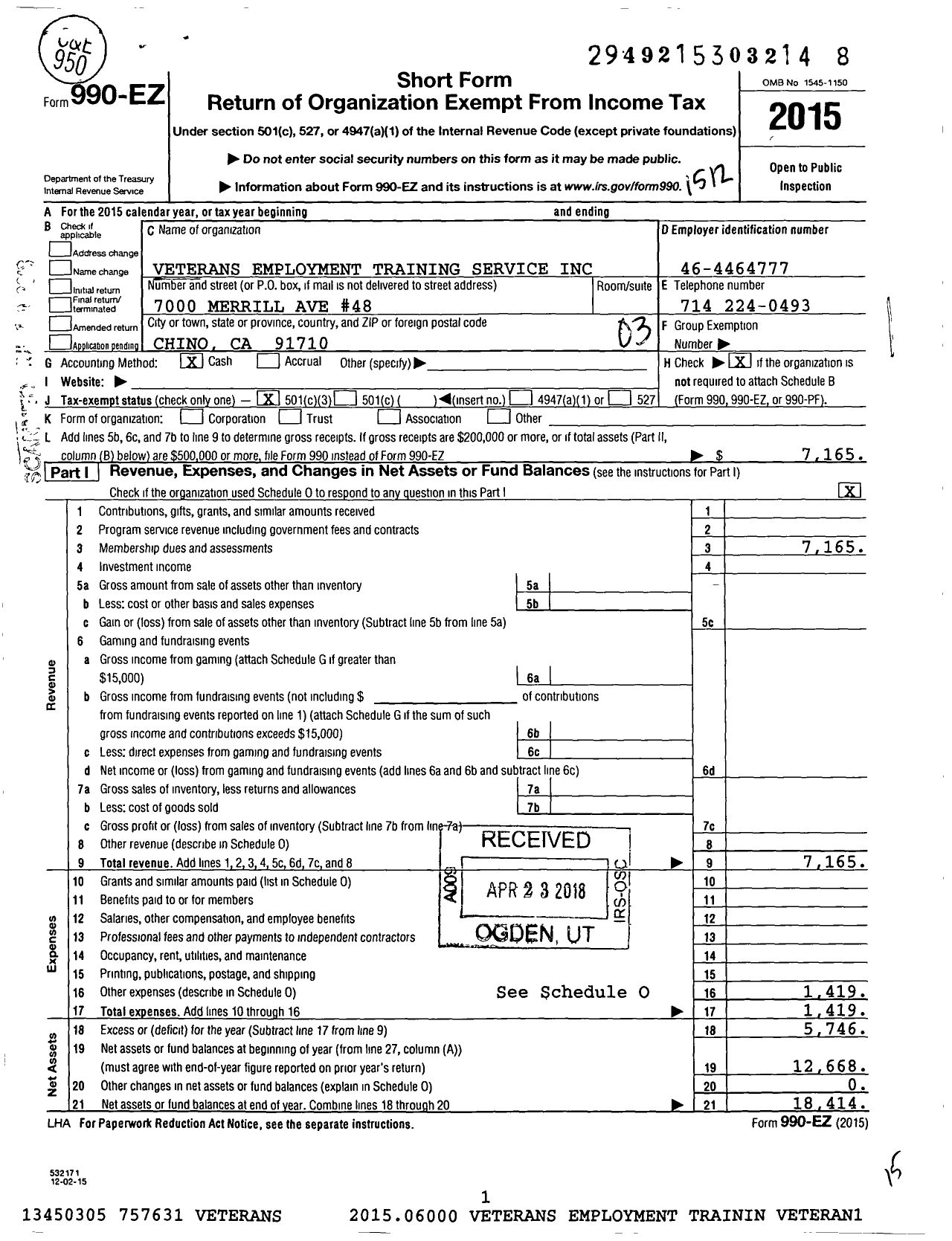 Image of first page of 2015 Form 990EZ for Veterans Employment Training Service
