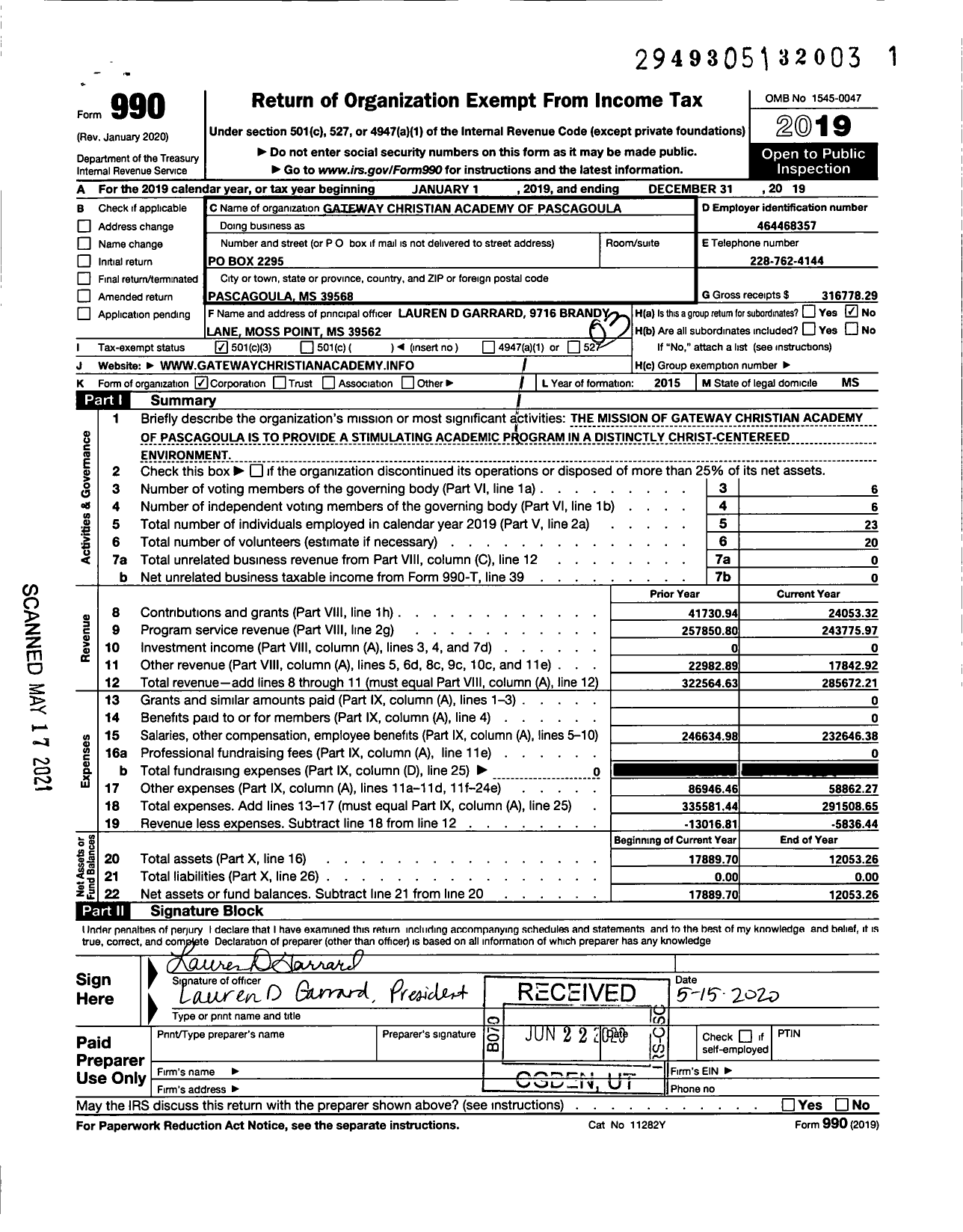 Image of first page of 2019 Form 990 for Gateway Christian Academy of Pascagoula