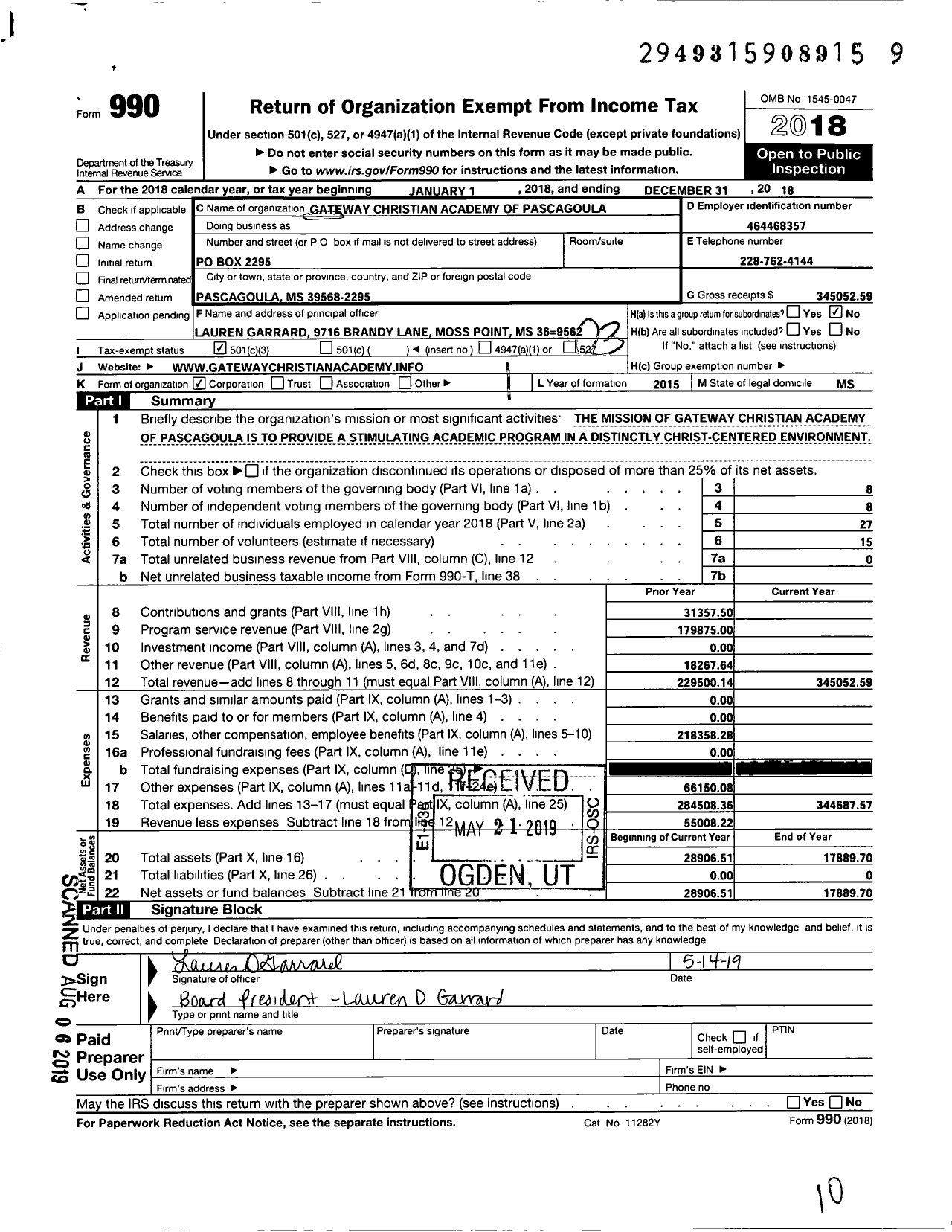 Image of first page of 2018 Form 990 for Gateway Christian Academy of Pascagoula