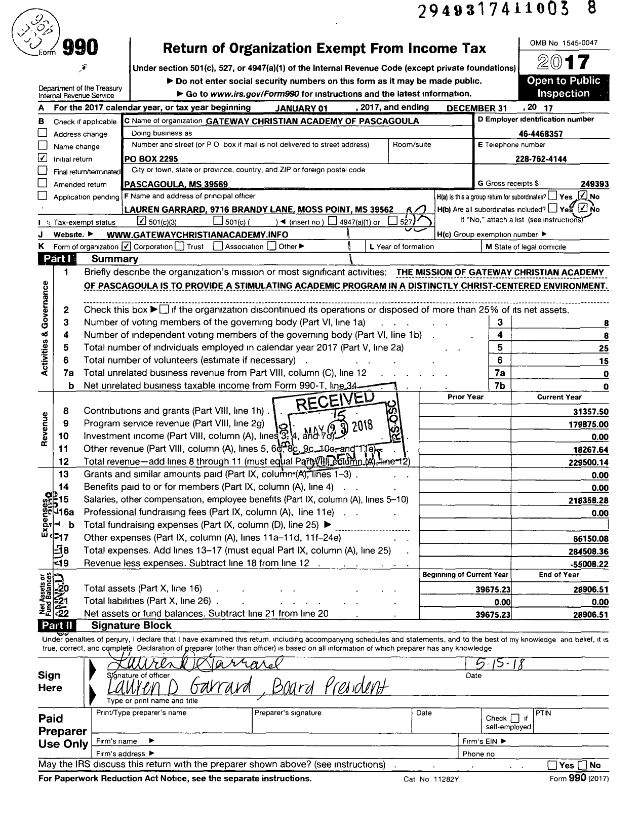 Image of first page of 2017 Form 990 for Gateway Christian Academy of Pascagoula