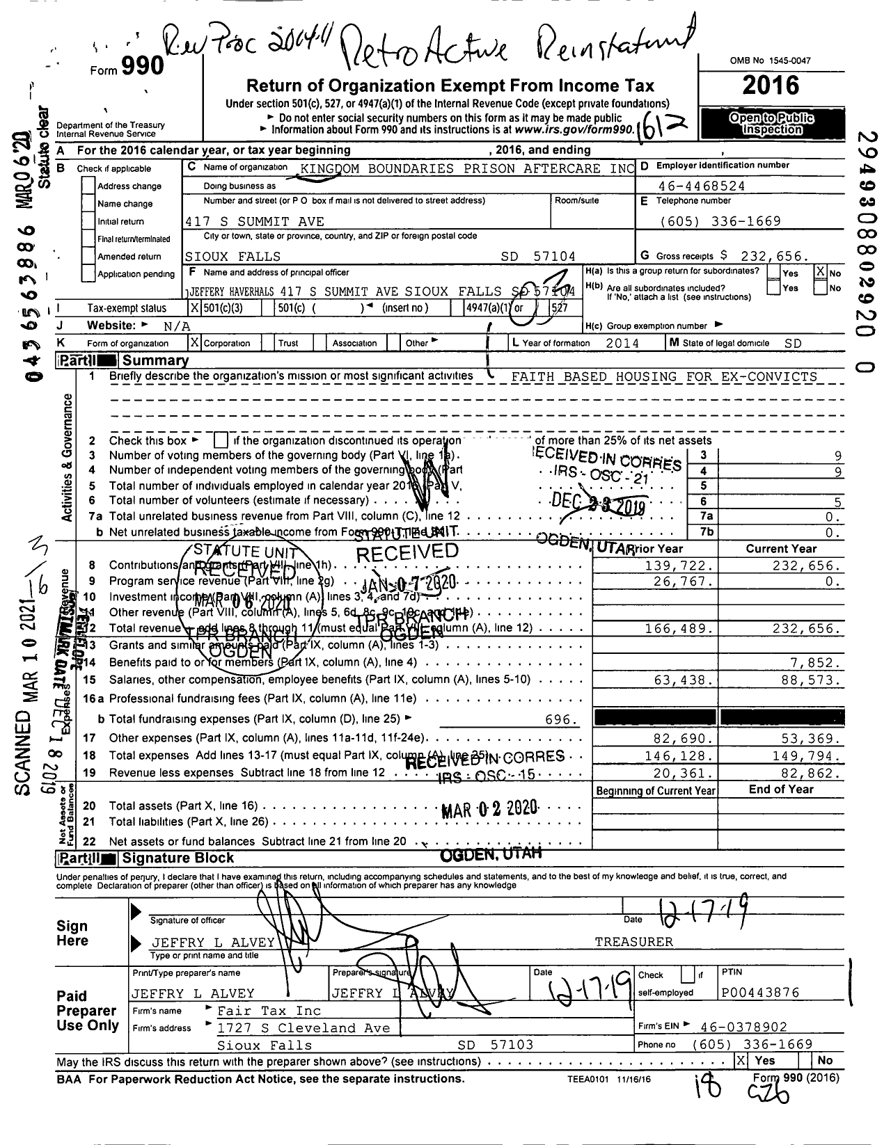 Image of first page of 2016 Form 990 for Kingdom Boundaries Prison Aftercare