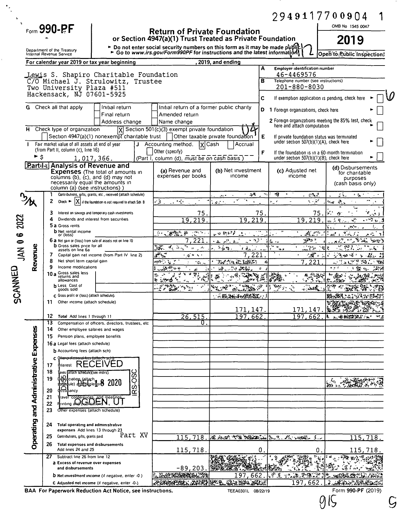 Image of first page of 2019 Form 990PF for Lewis S Shapiro Charitable Foundation