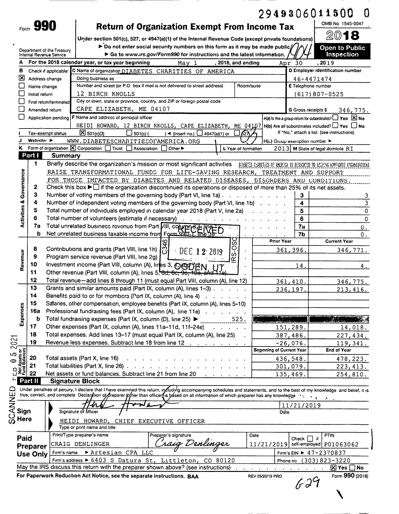 Image of first page of 2018 Form 990 for Diabetes Charities of America