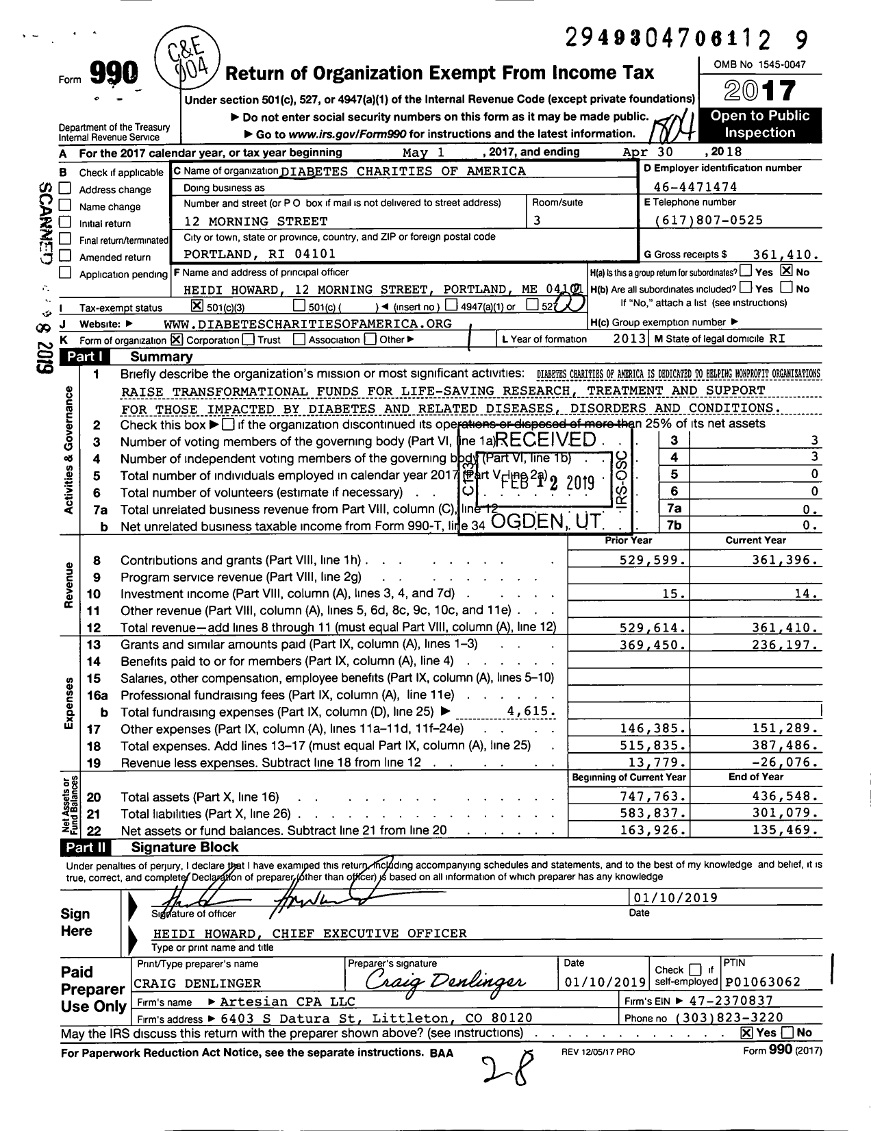 Image of first page of 2017 Form 990 for Diabetes Charities of America