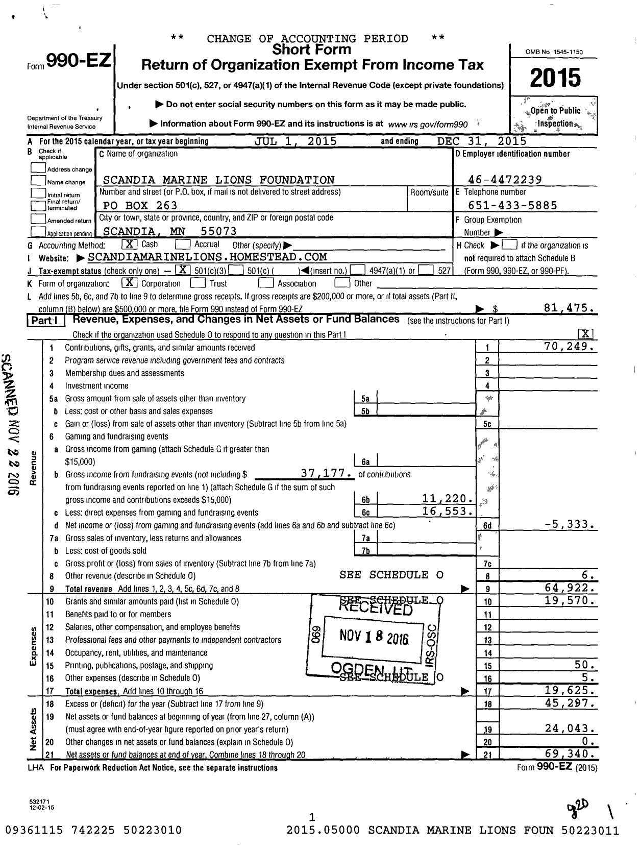 Image of first page of 2015 Form 990EZ for Scandia Marine Lions Foundation