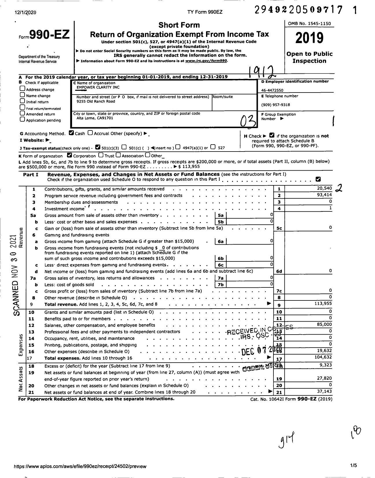Image of first page of 2019 Form 990EZ for Empower Clarity