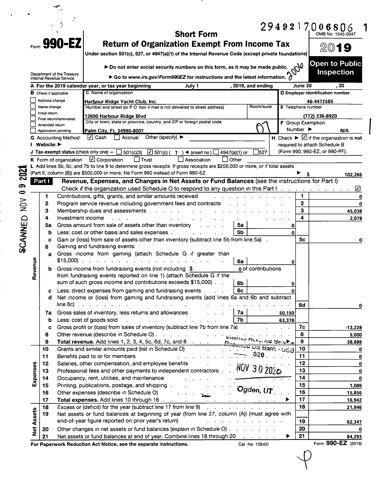 Image of first page of 2019 Form 990EO for Harbour Ridge Yacht Club